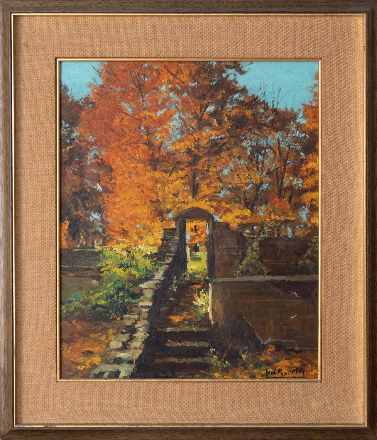 A painting of a stone bridge in the middle of a park.