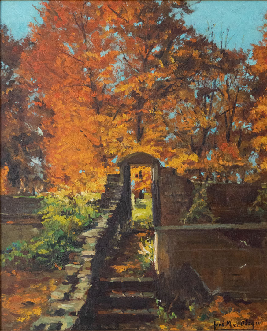 A painting of a stone bridge in the middle of a park.