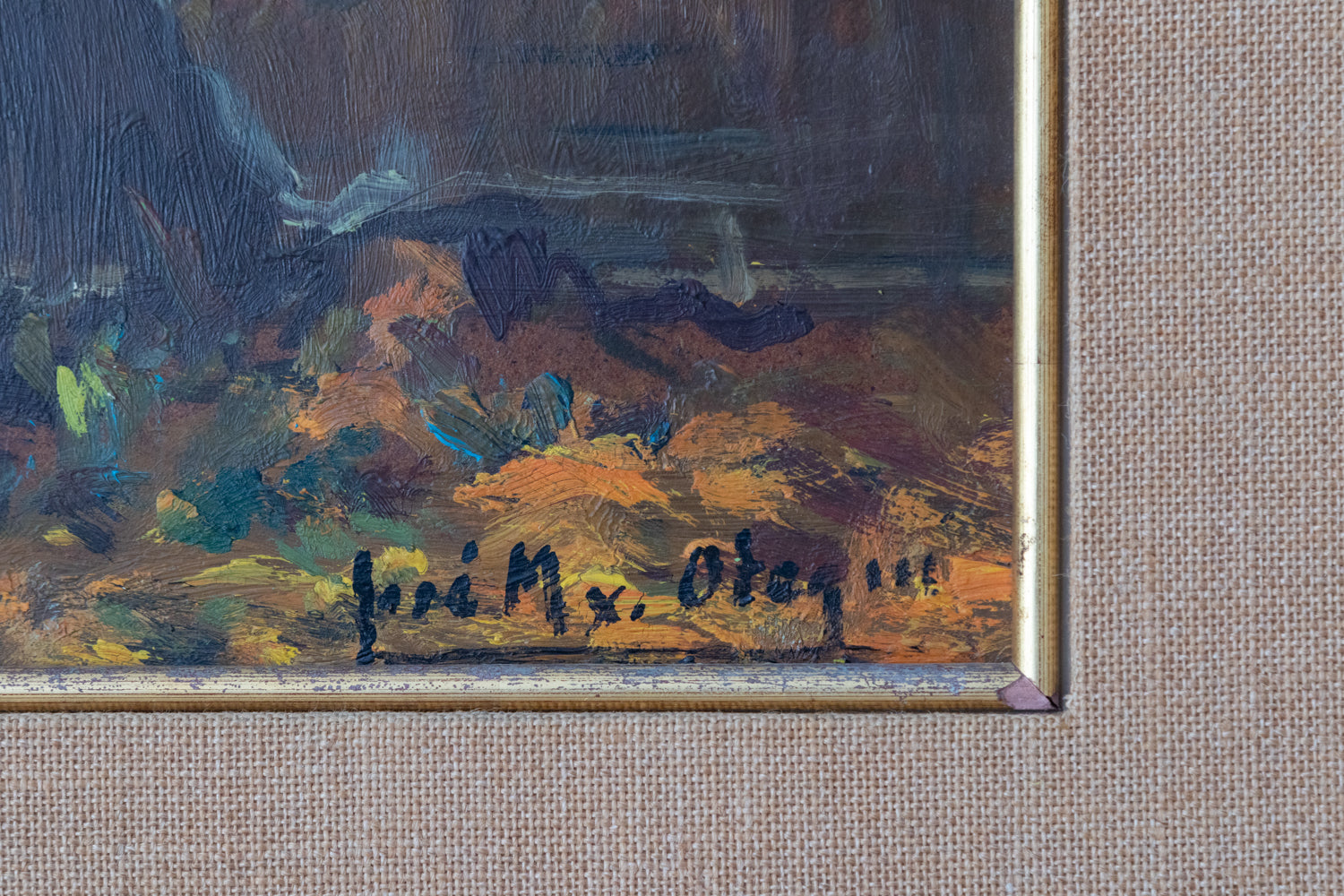 A painting of a stone bridge in the middle of a park.