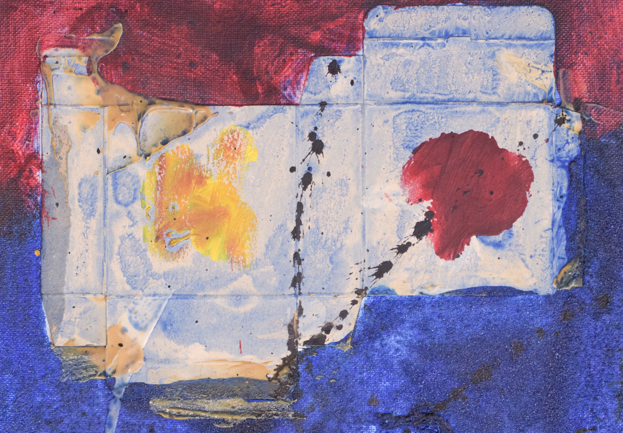 A painting of a piece of paper with a red and blue background.