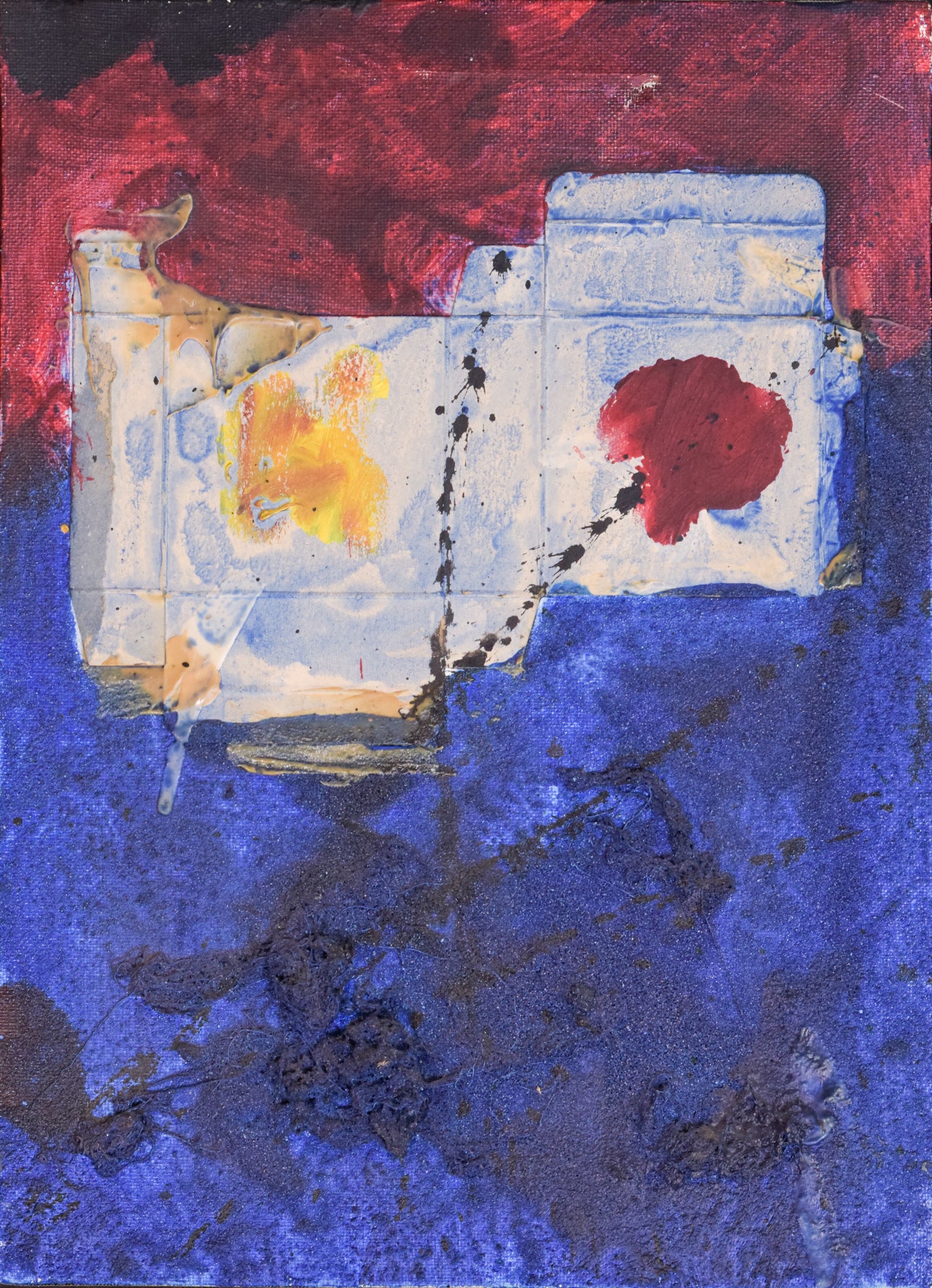A painting of a piece of paper with a red and blue background.