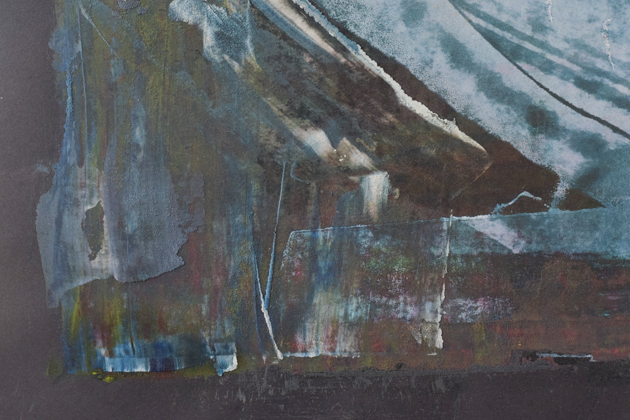 A painting of a boat on a blue and black background.