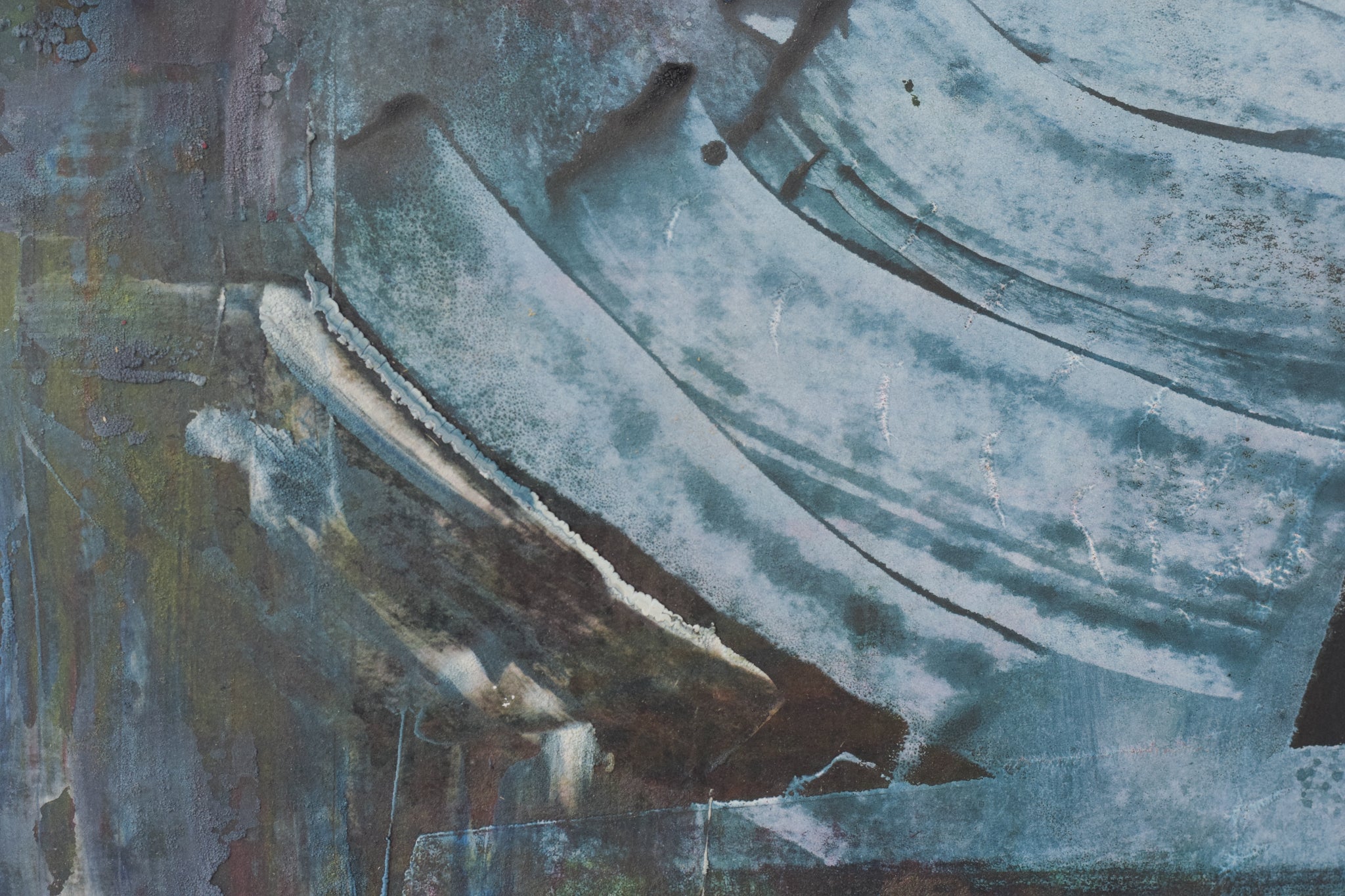 A painting of a boat on a blue and black background.