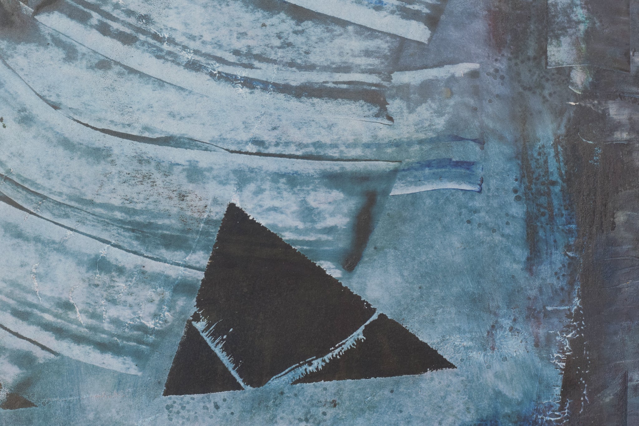A painting of a boat on a blue and black background.