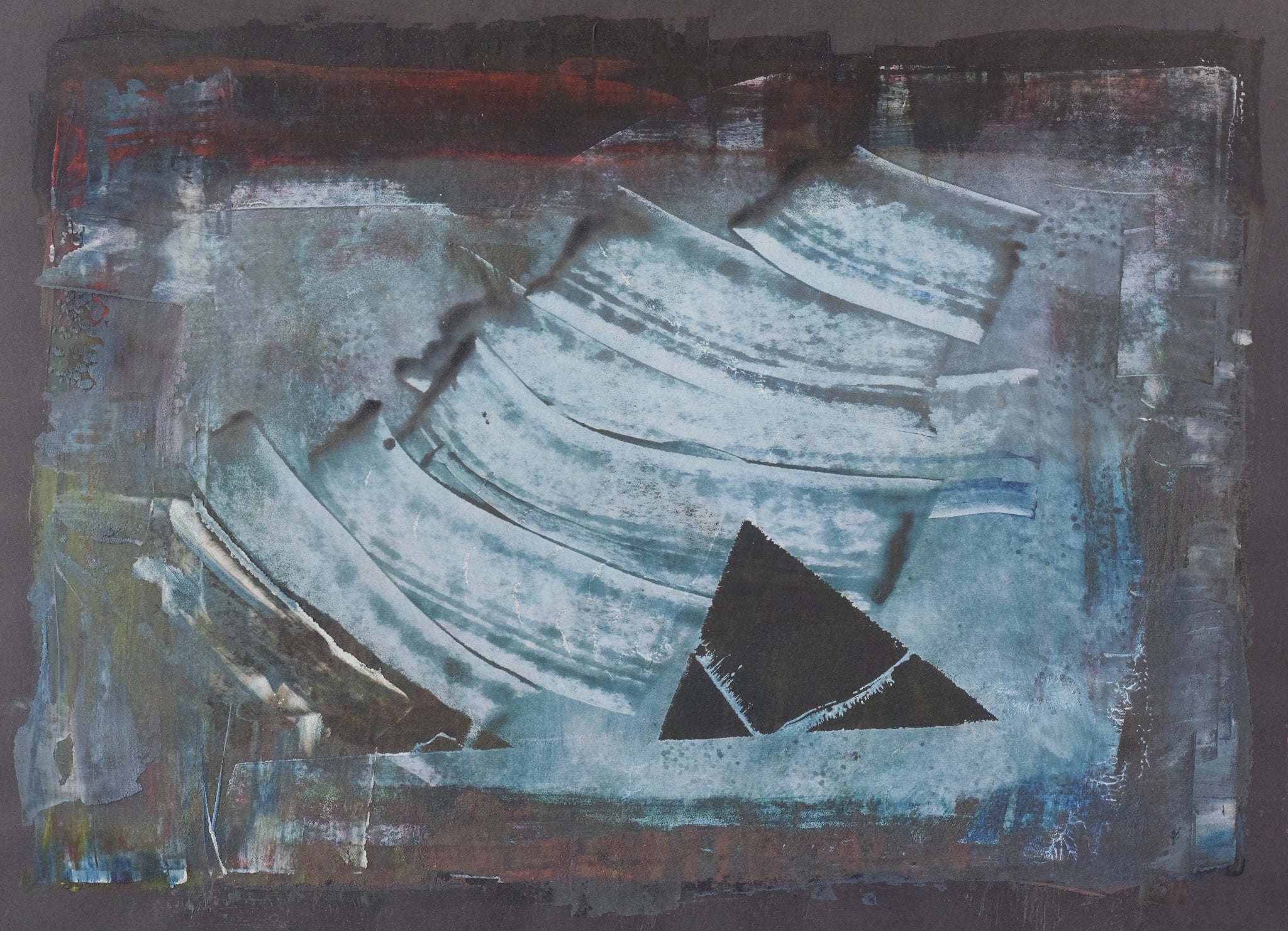 A painting of a boat on a blue and black background.