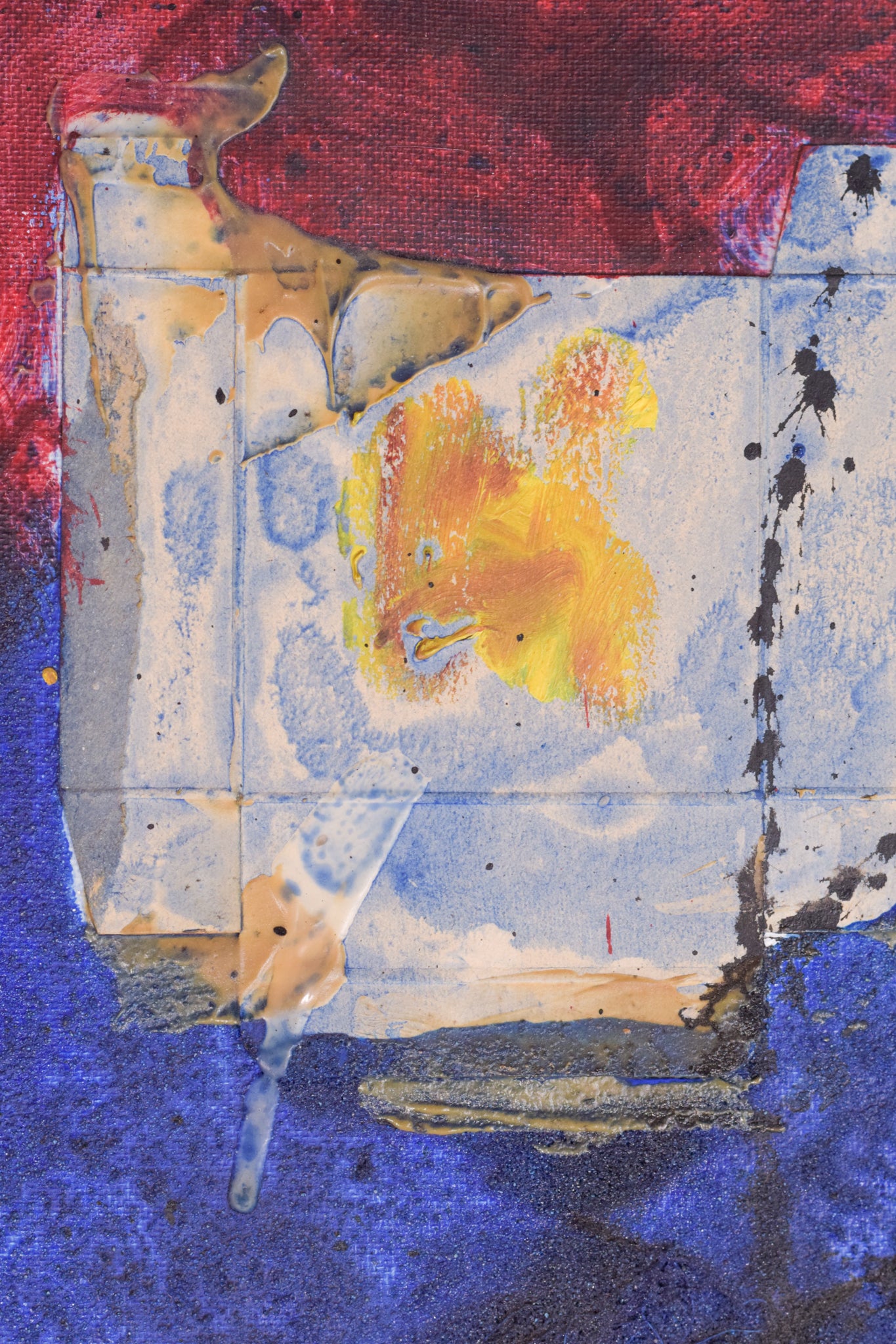 A painting of a piece of paper with a red and blue background.