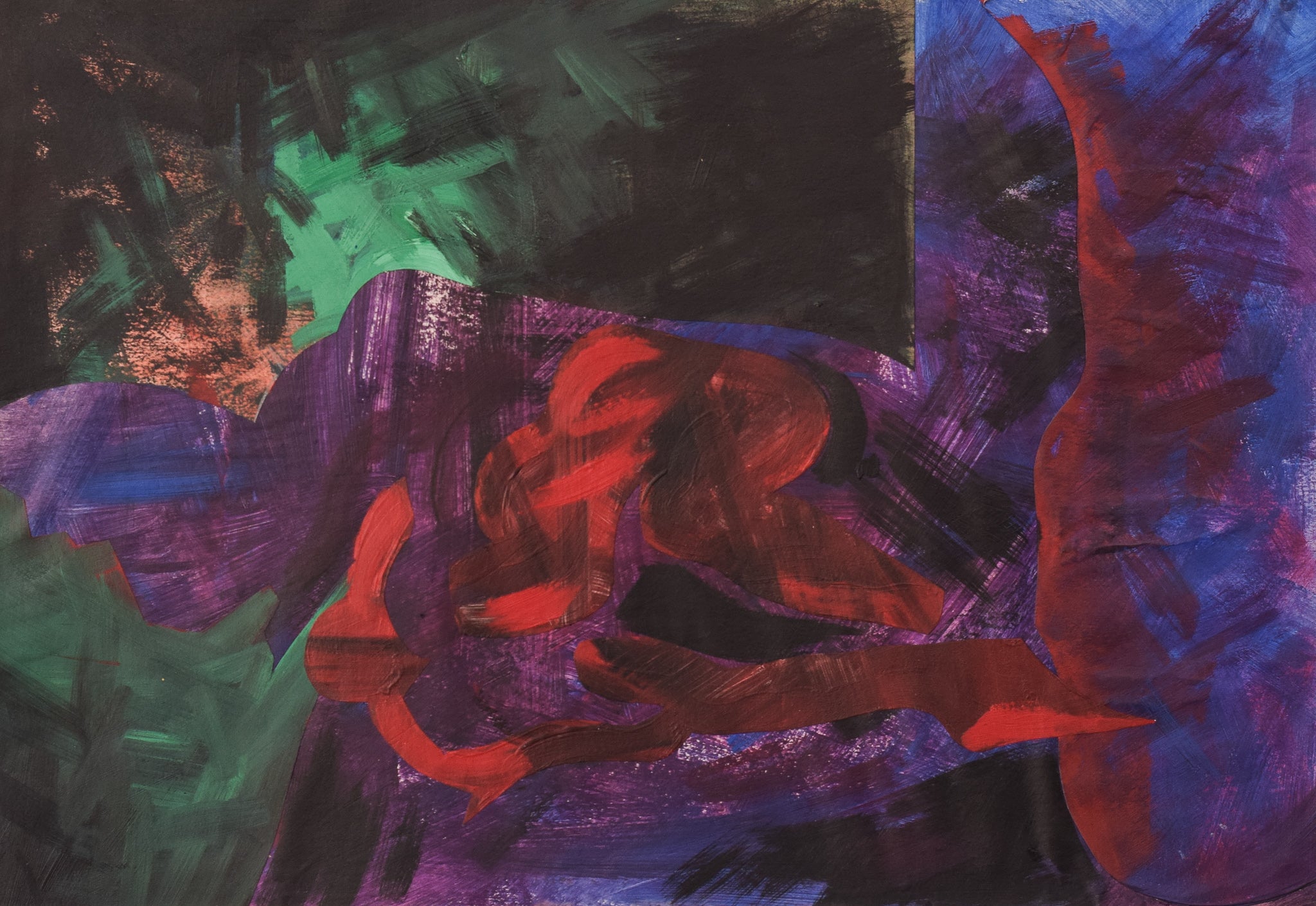 A painting of a woman laying down on a purple surface.