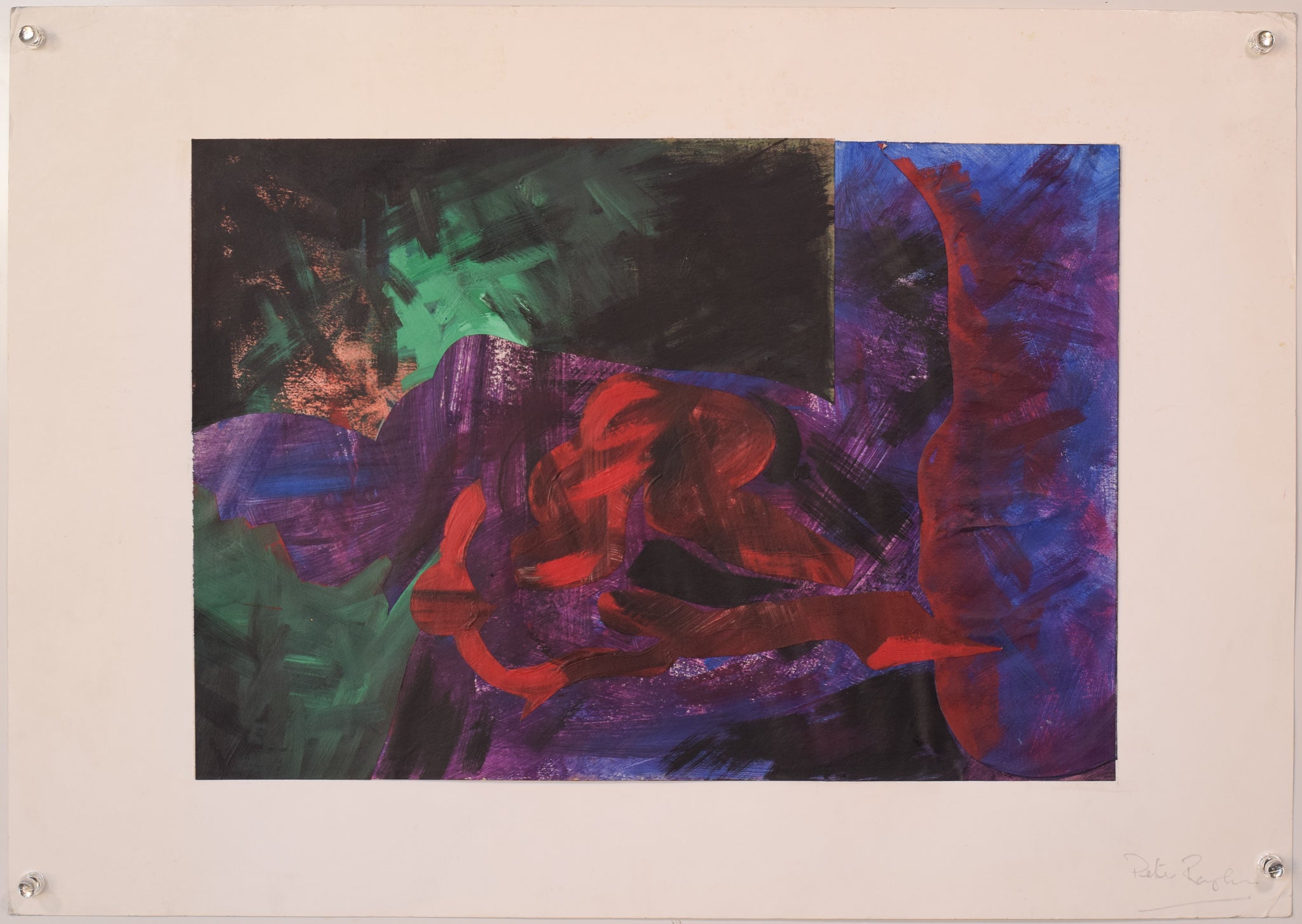 A painting of a woman laying down on a purple surface.