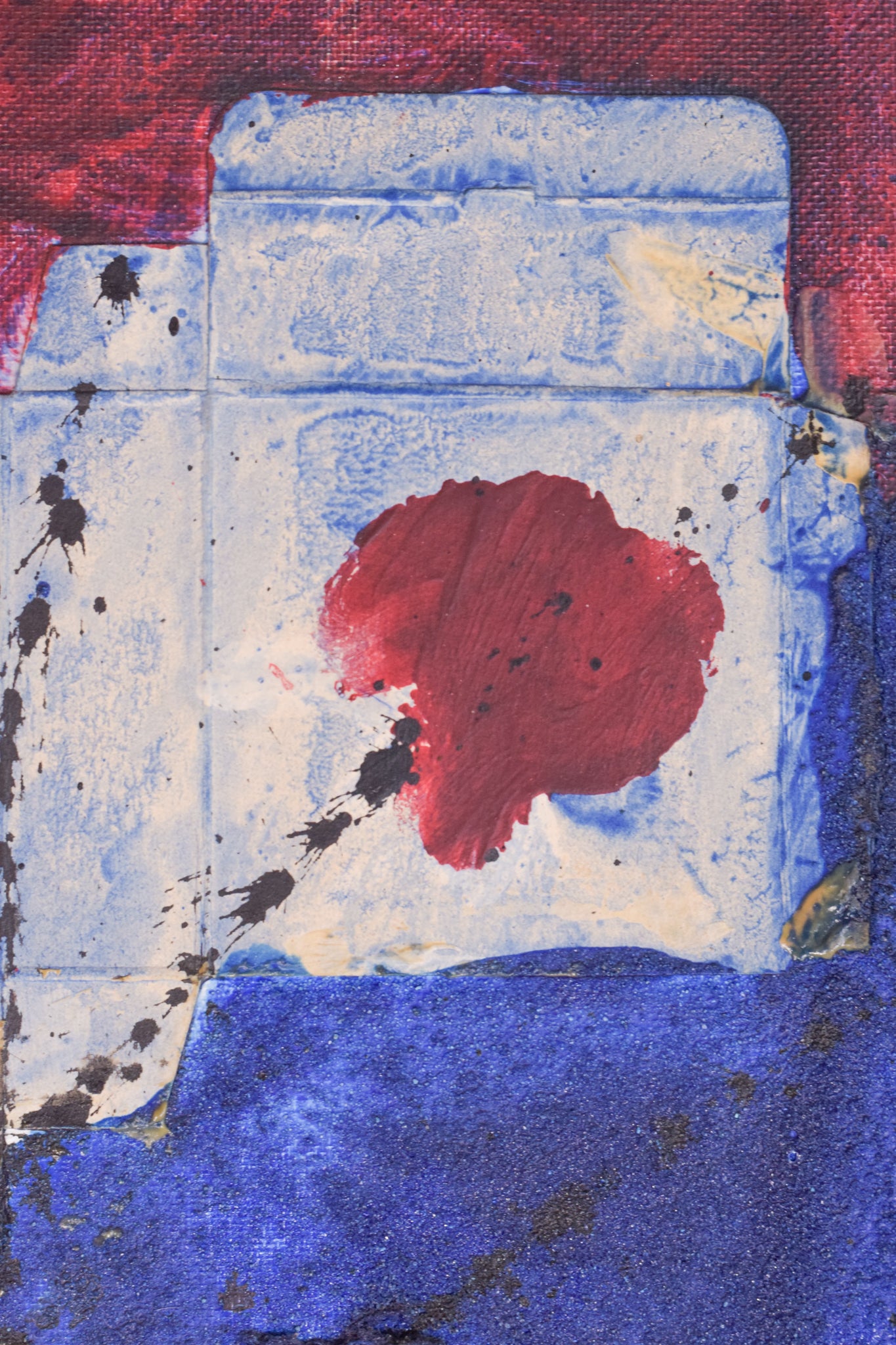 A painting of a piece of paper with a red and blue background.