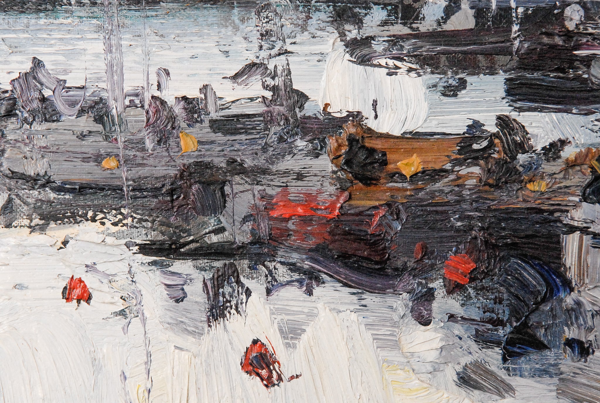 A painting of a snowy landscape with boats in the water.