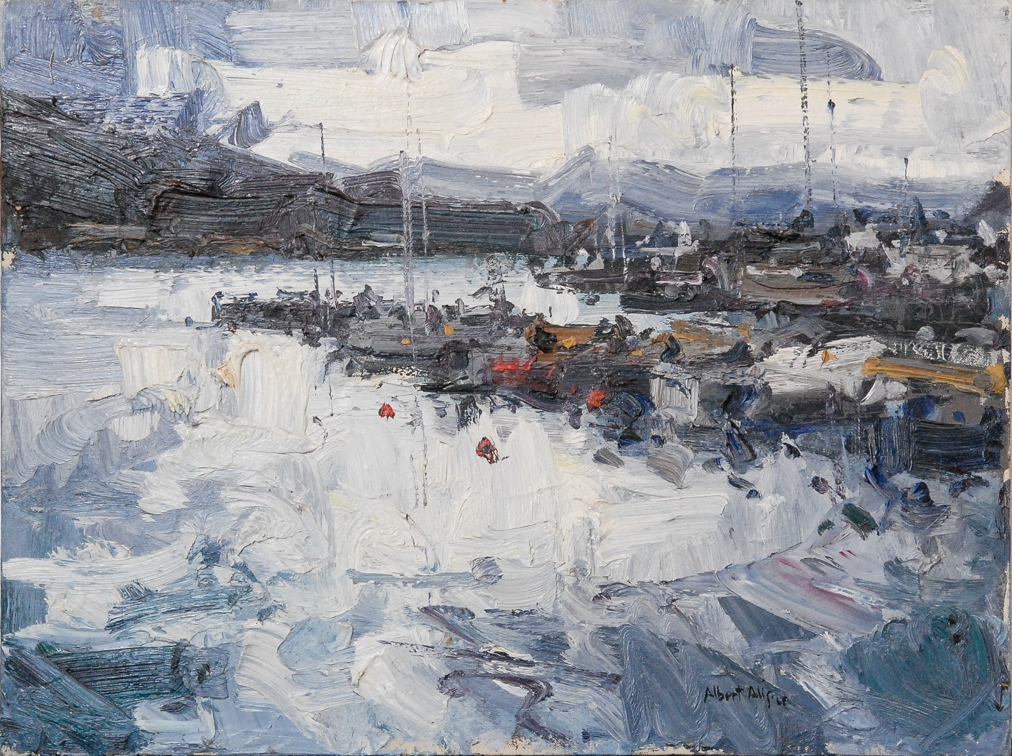 A painting of a snowy landscape with boats in the water.
