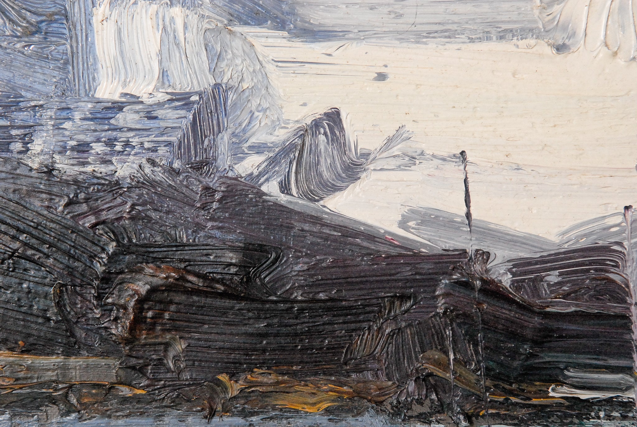 A painting of a snowy landscape with boats in the water.