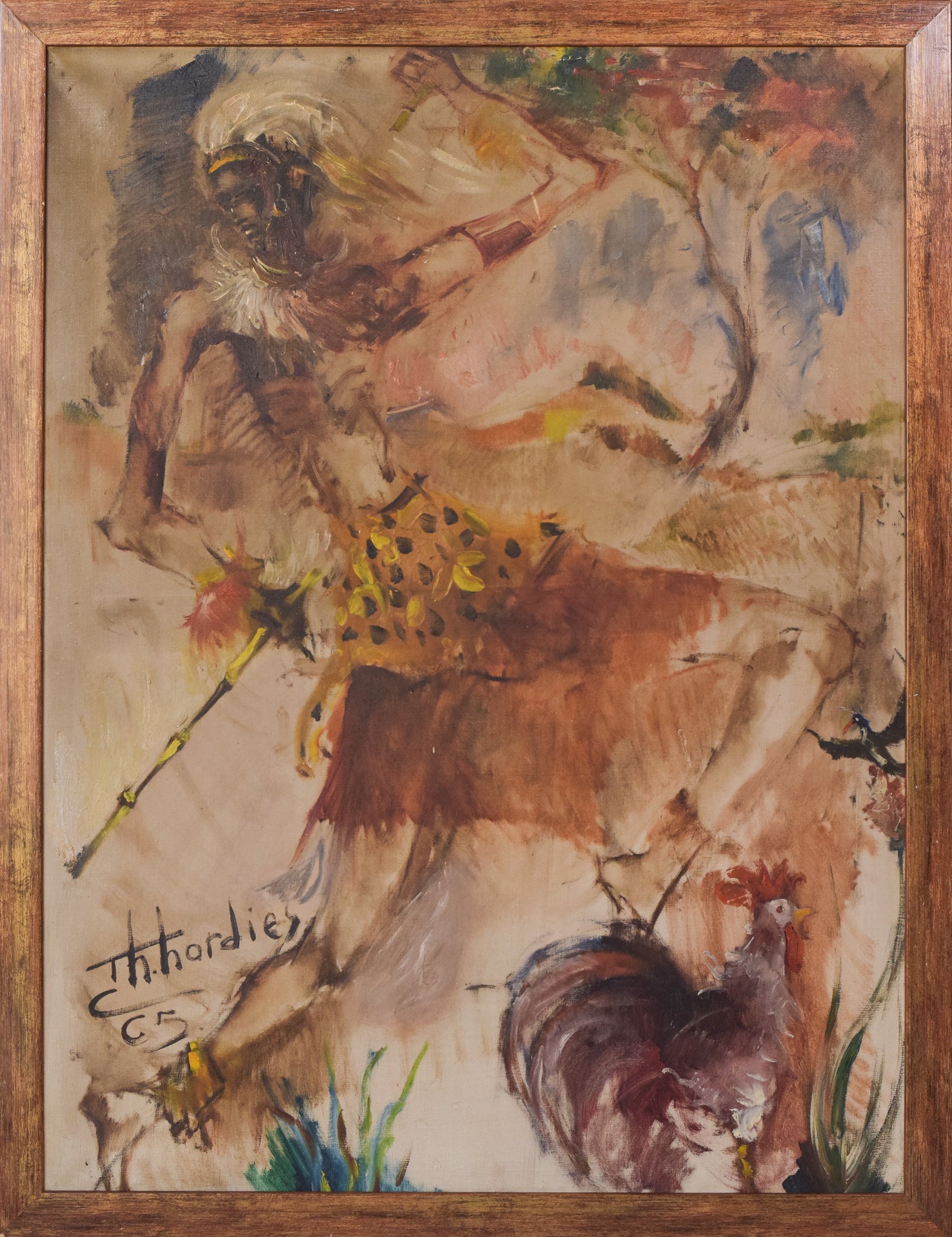 Artwork by Unknown, African Dancing Warrior with Cockerel, Made of Oil on canvas 