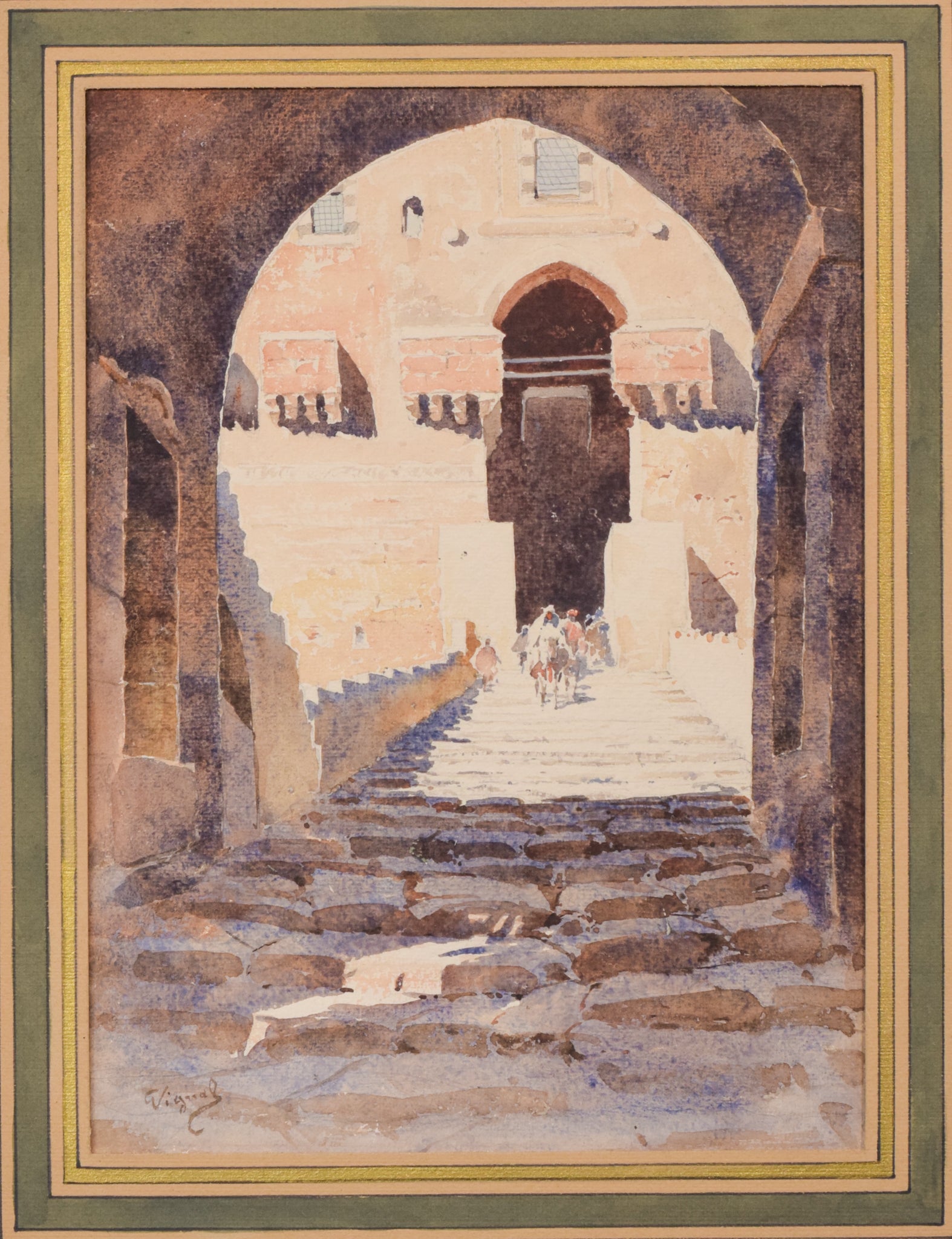 A watercolor painting of an archway in an old building. 