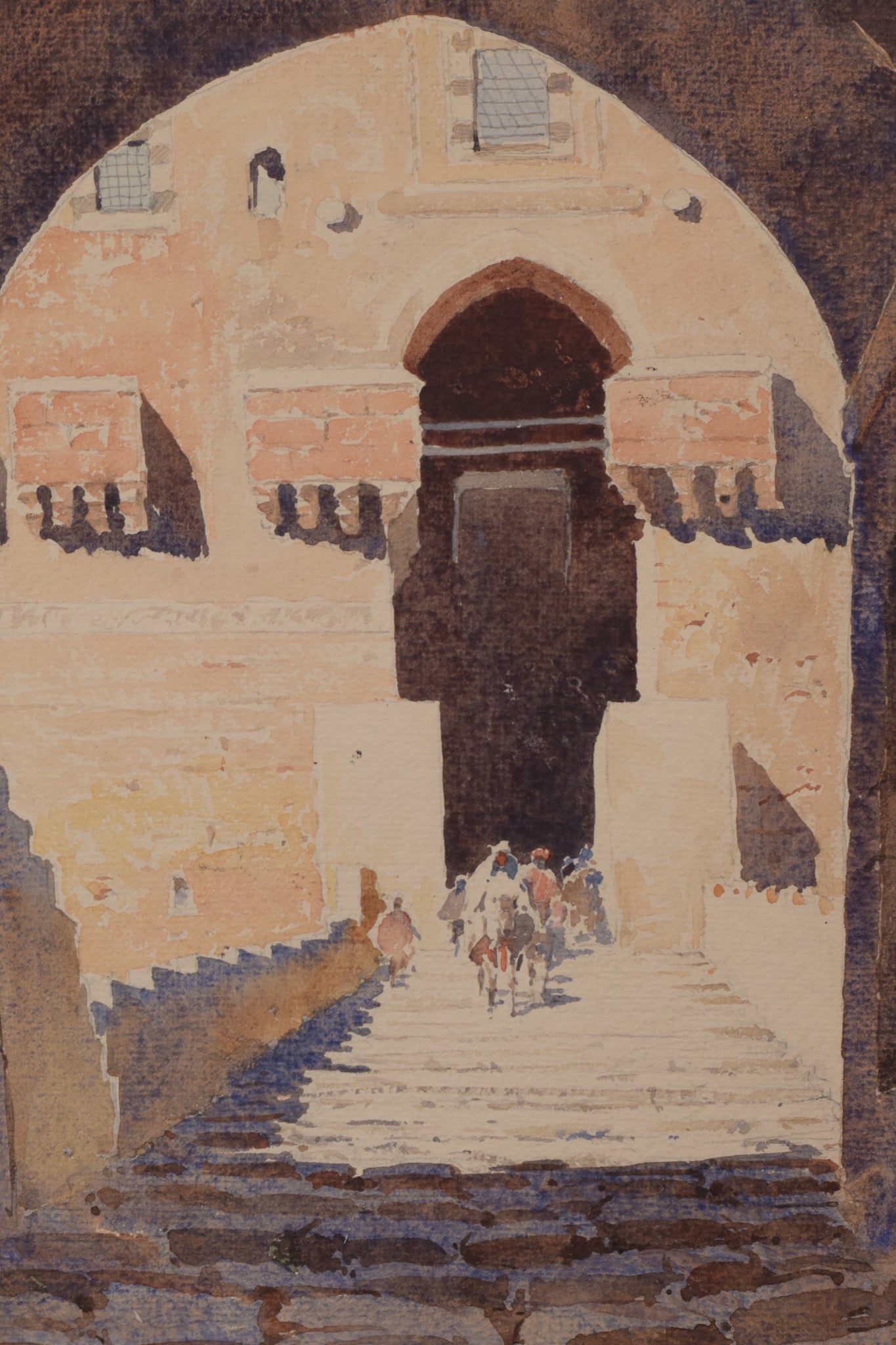 A watercolor painting of an archway in an old building. 