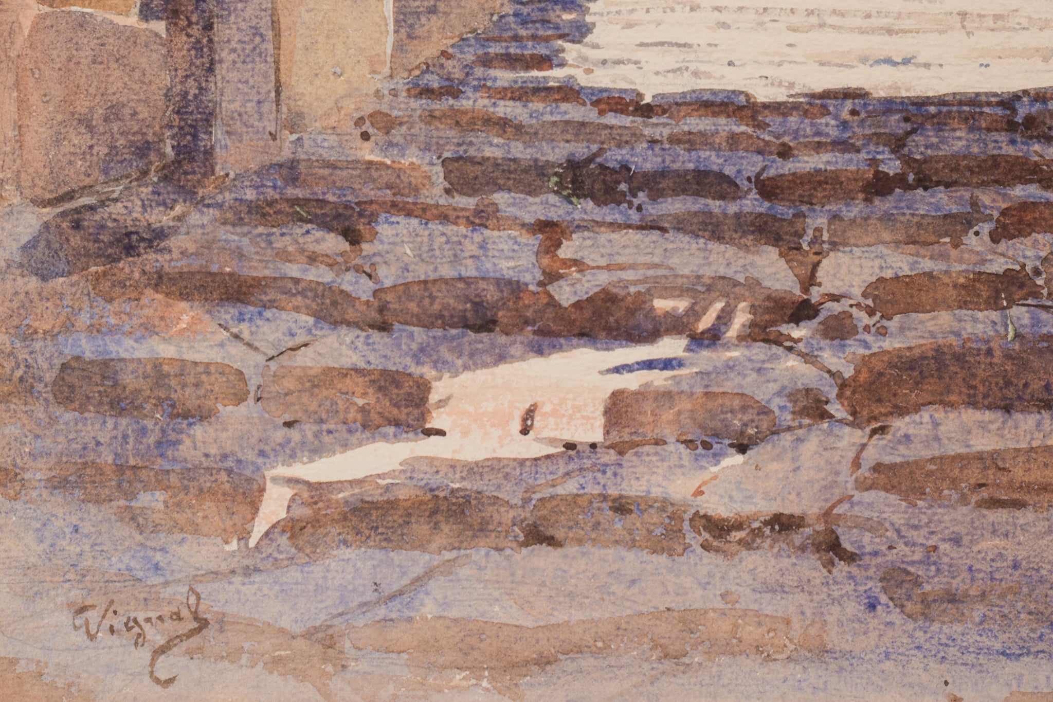 A watercolor painting of an archway in an old building. 