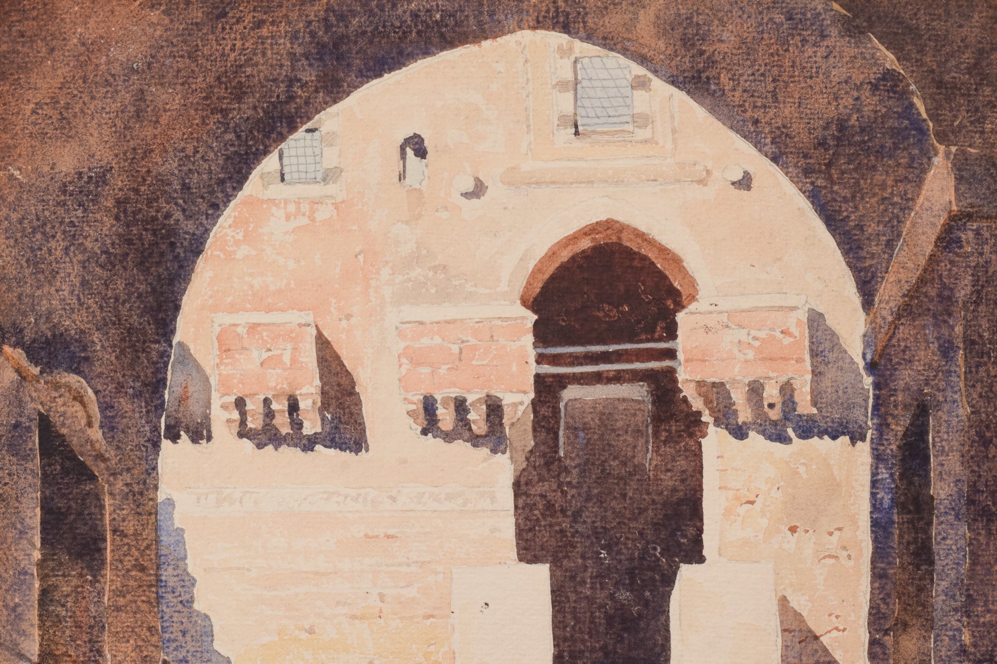 A watercolor painting of an archway in an old building. 