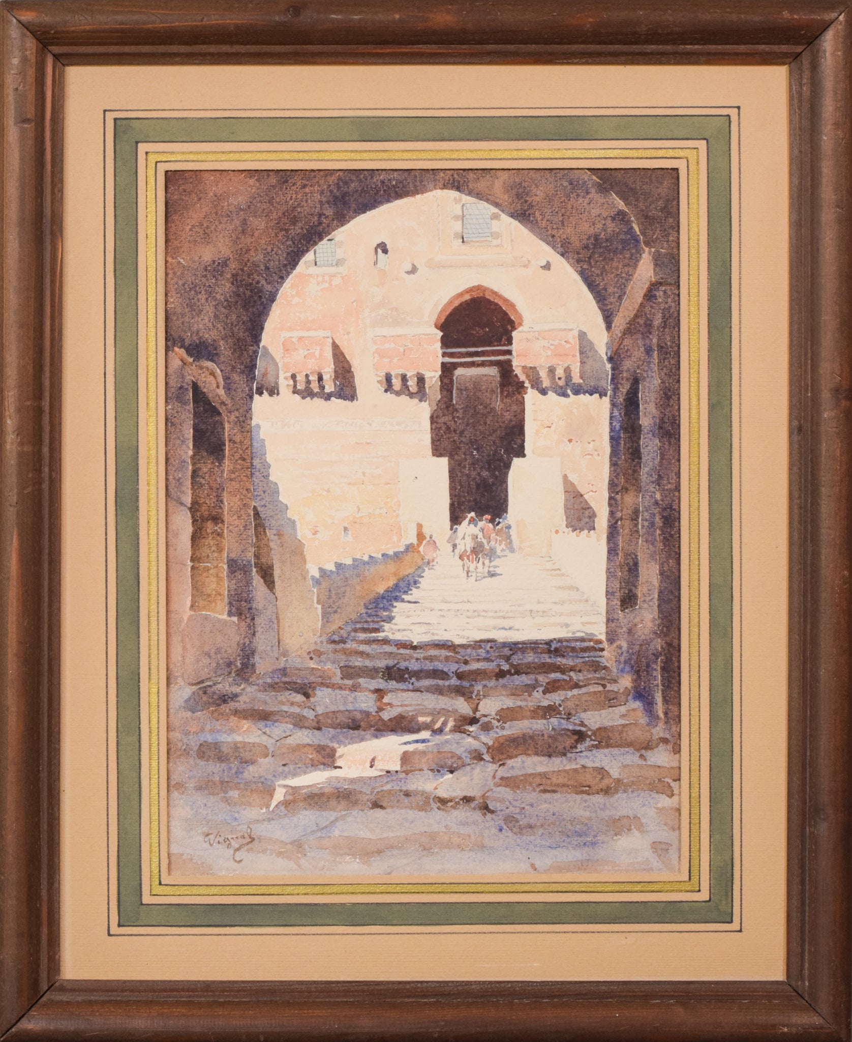 A watercolor painting of an archway in an old building. 