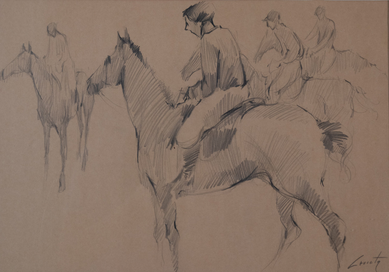 A drawing of a group of people riding horses.