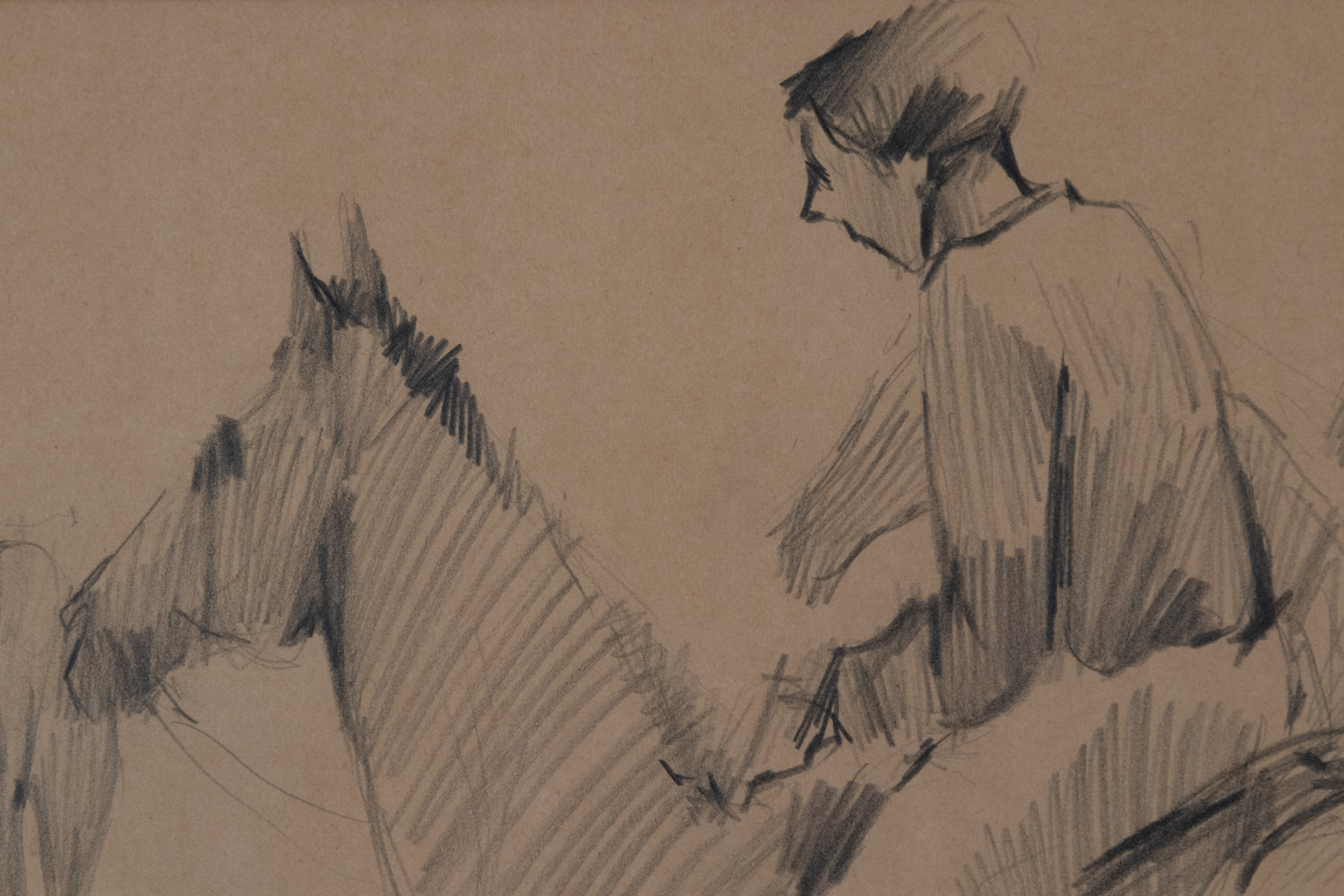 A drawing of a group of people riding horses.