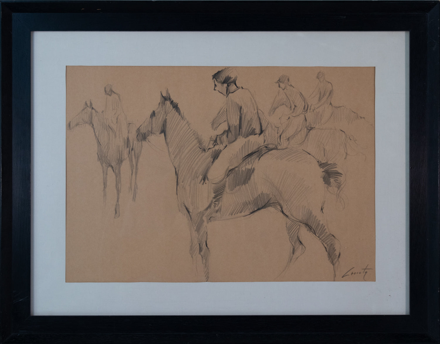 A drawing of a group of people riding horses.