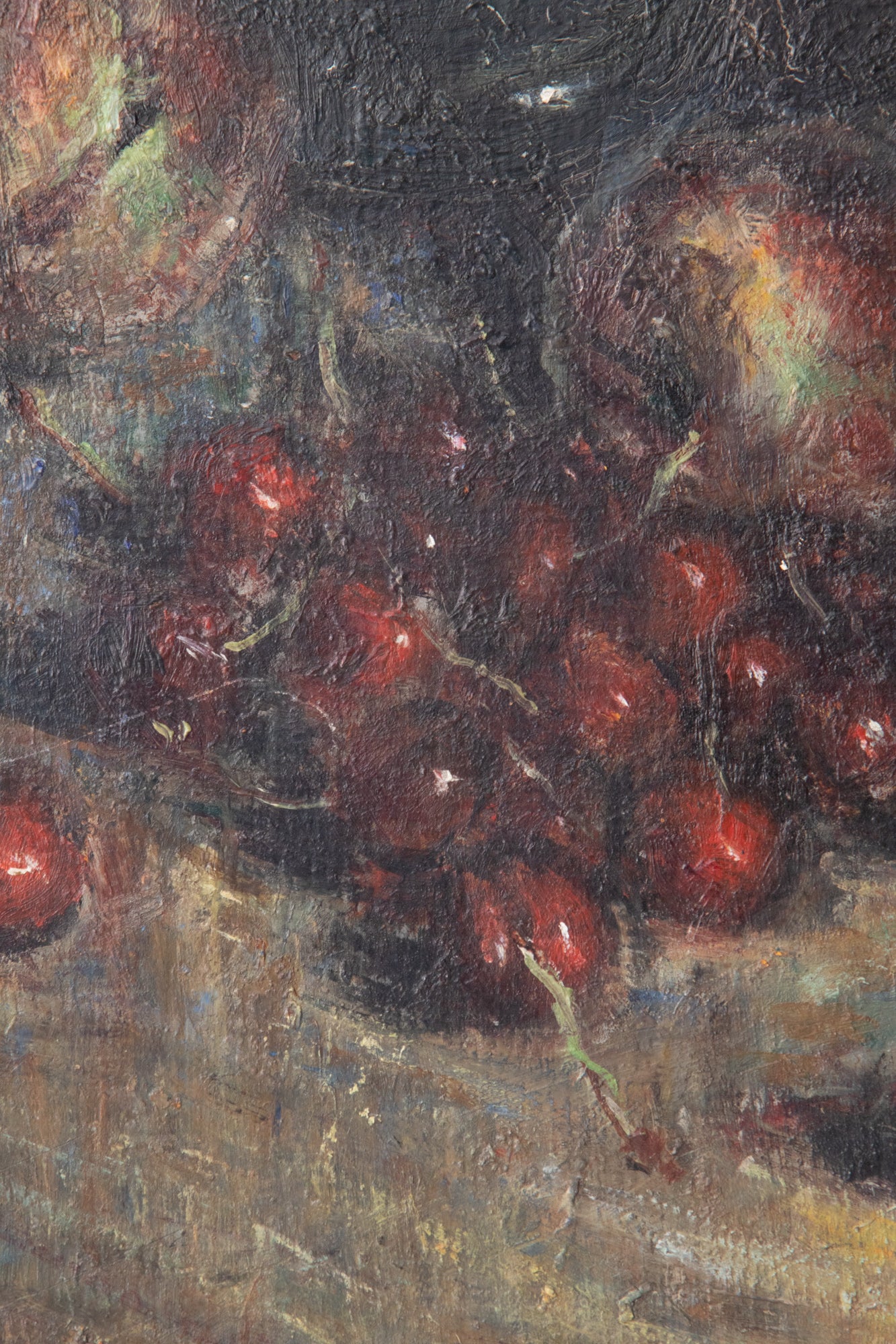 A painting of cherries and a glass on a table.