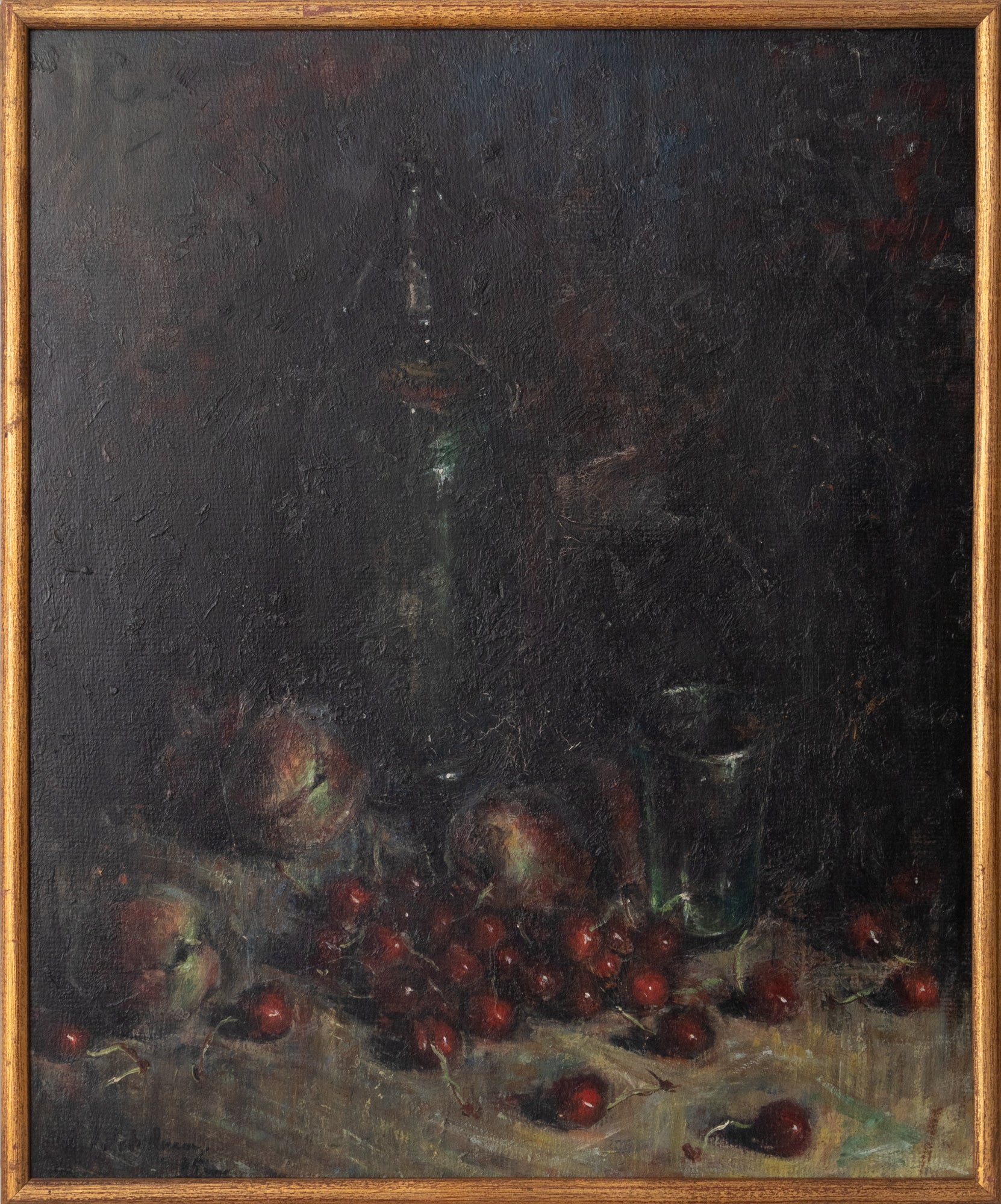 A painting of cherries and a glass on a table.