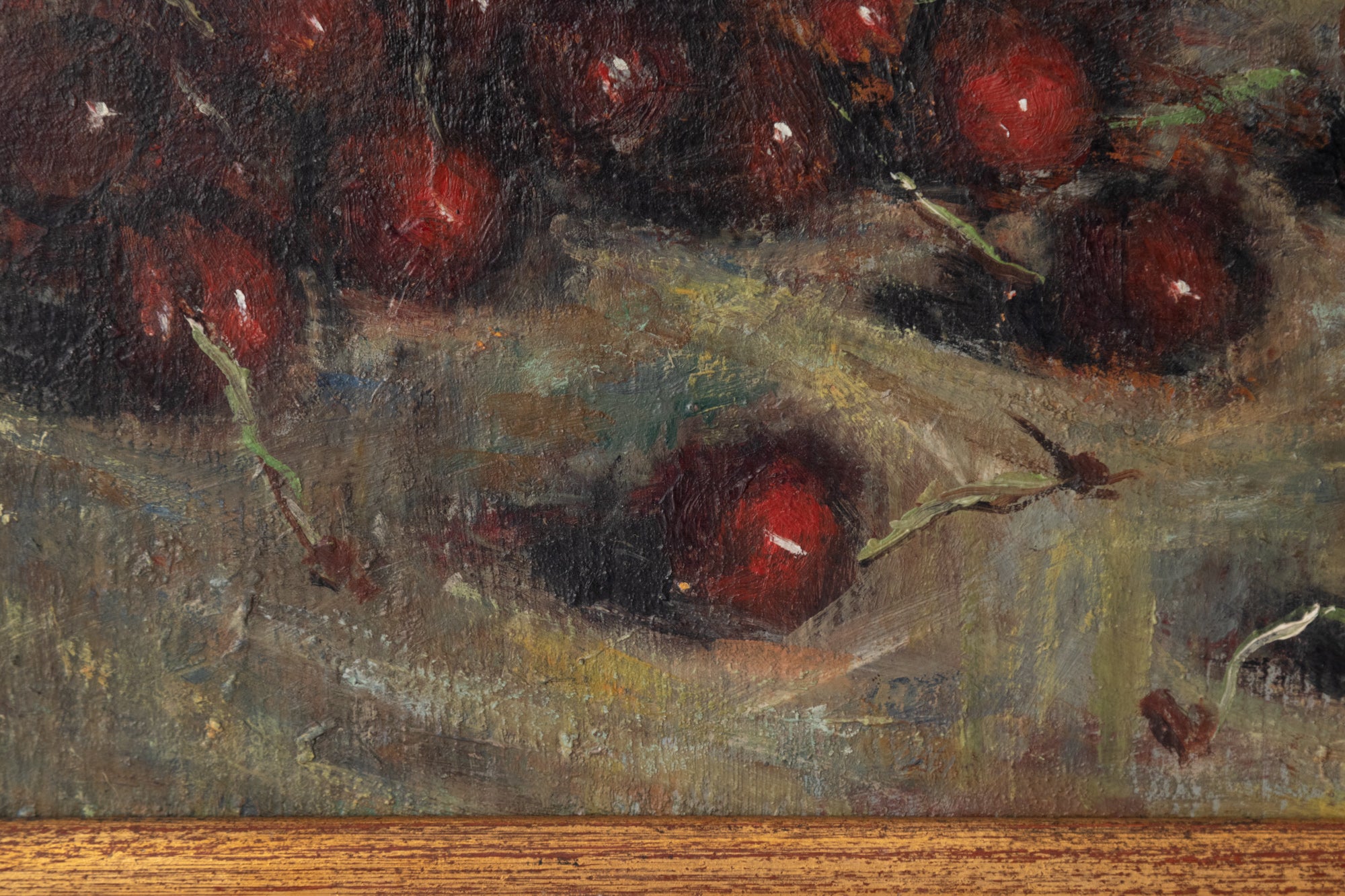 A painting of cherries and a glass on a table.