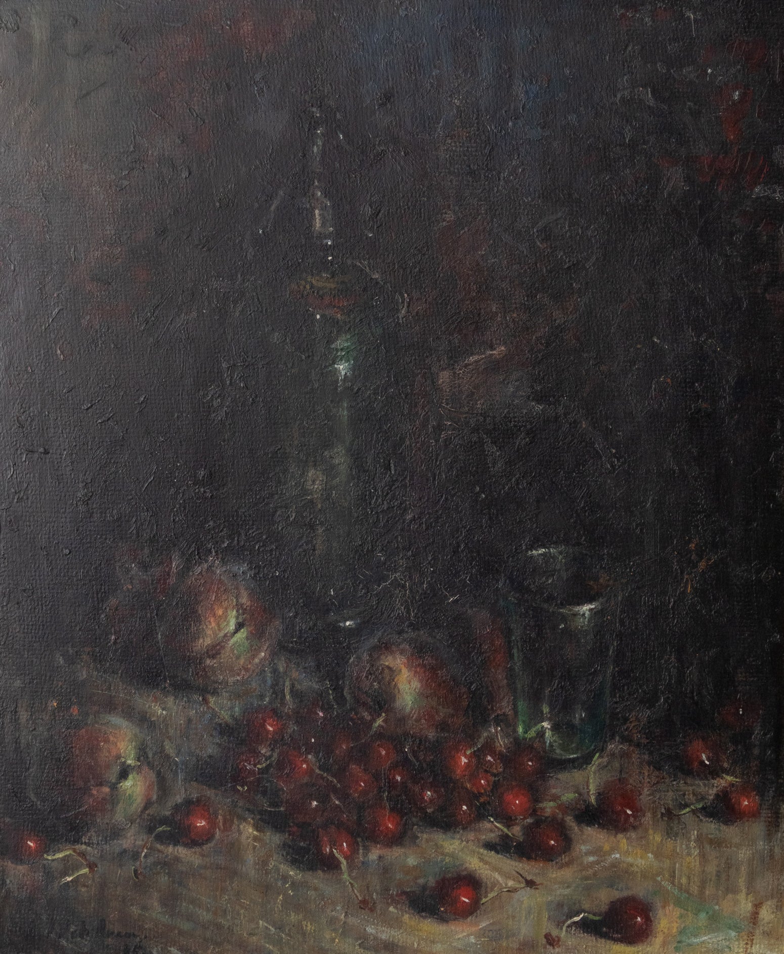 A painting of cherries and a glass on a table.