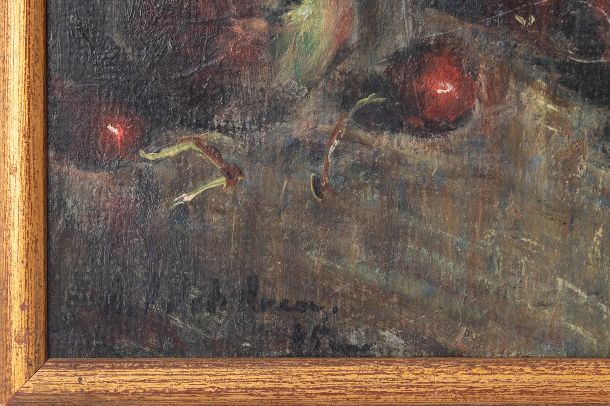 A painting of cherries and a glass on a table.