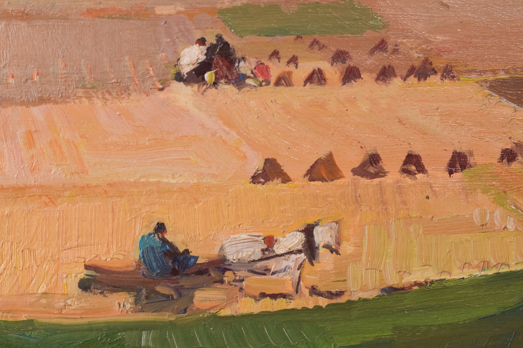 A painting of a landscape with a horse drawn carriage in the foreground.