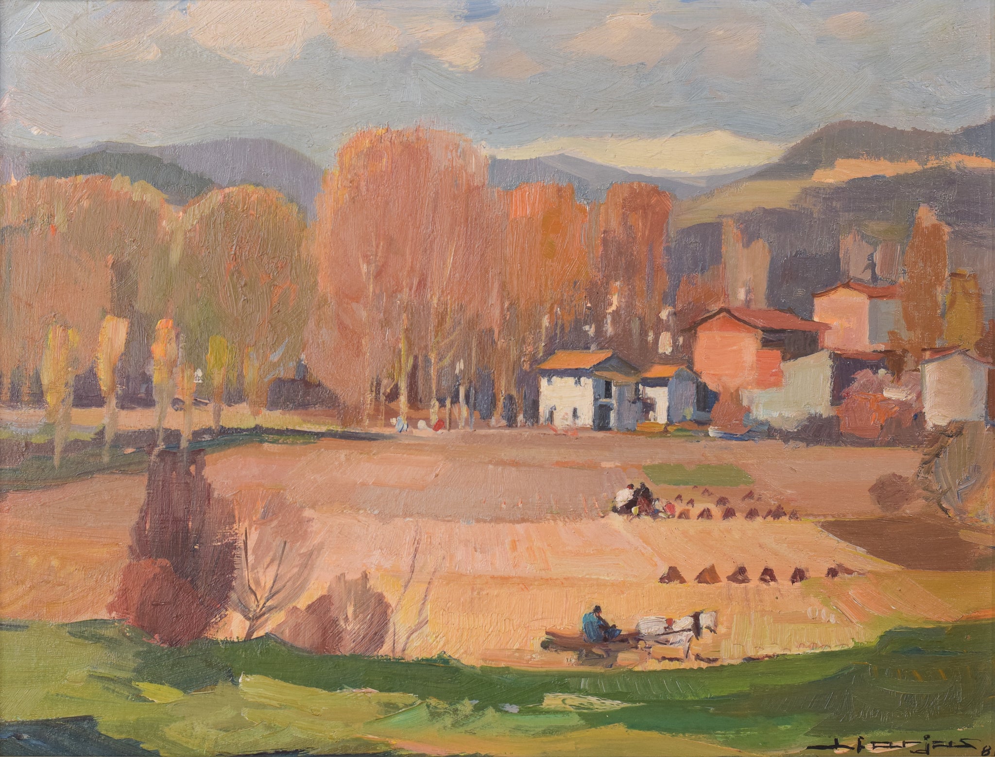 A painting of a landscape with a horse drawn carriage in the foreground.