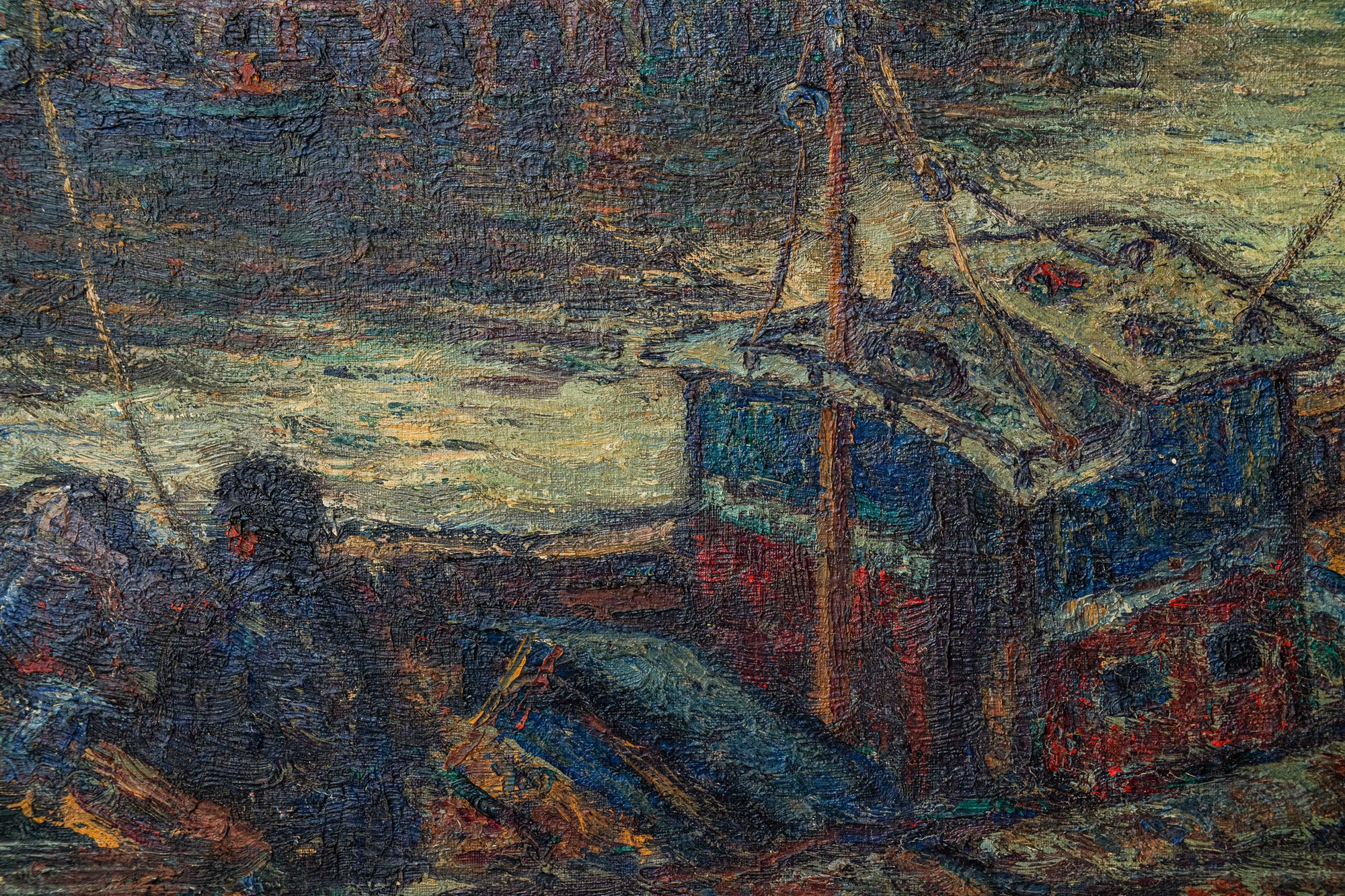Artwork by Unknown, Barges in a Port, Made of Oil on canvas 