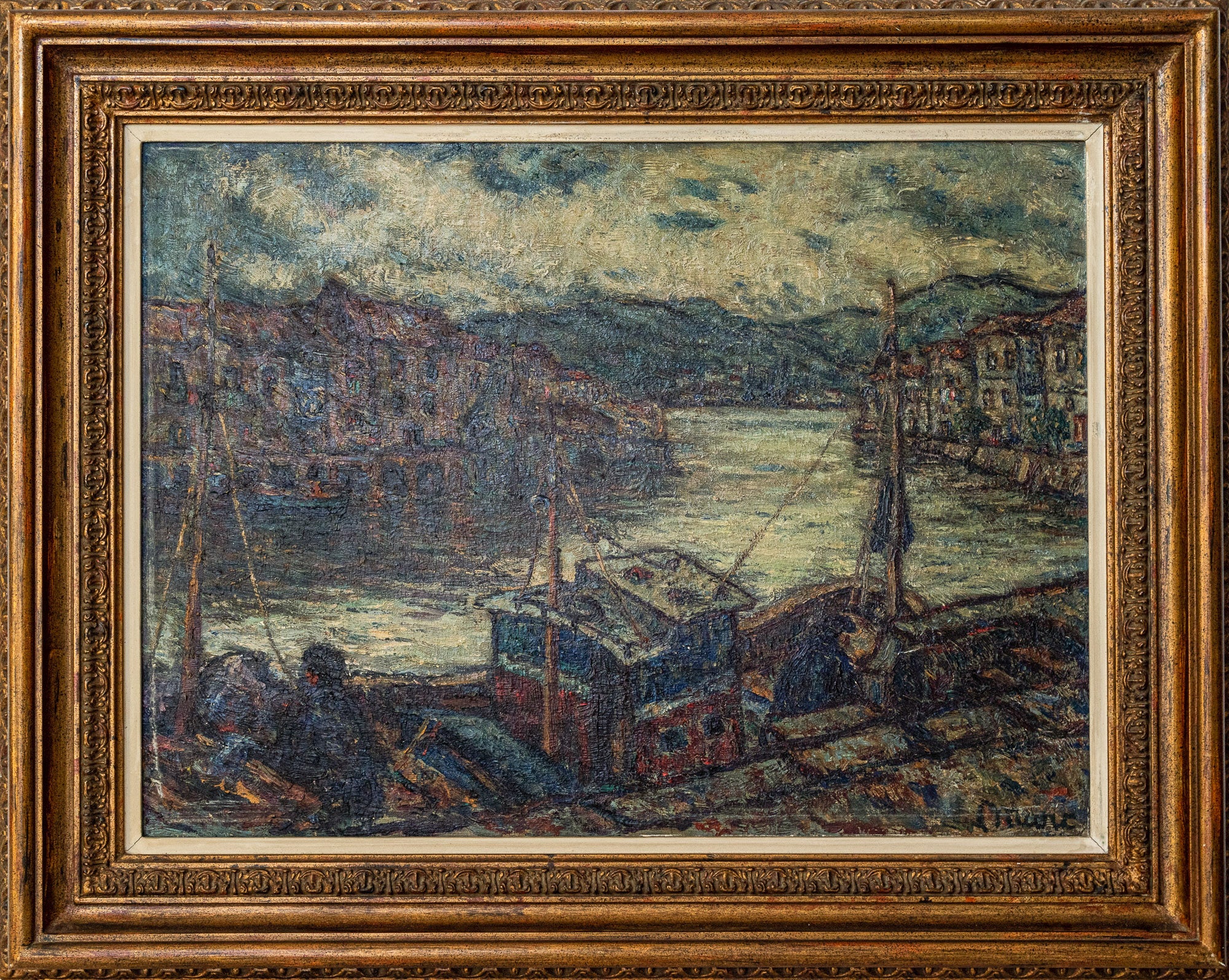 Artwork by Unknown, Barges in a Port, Made of Oil on canvas 