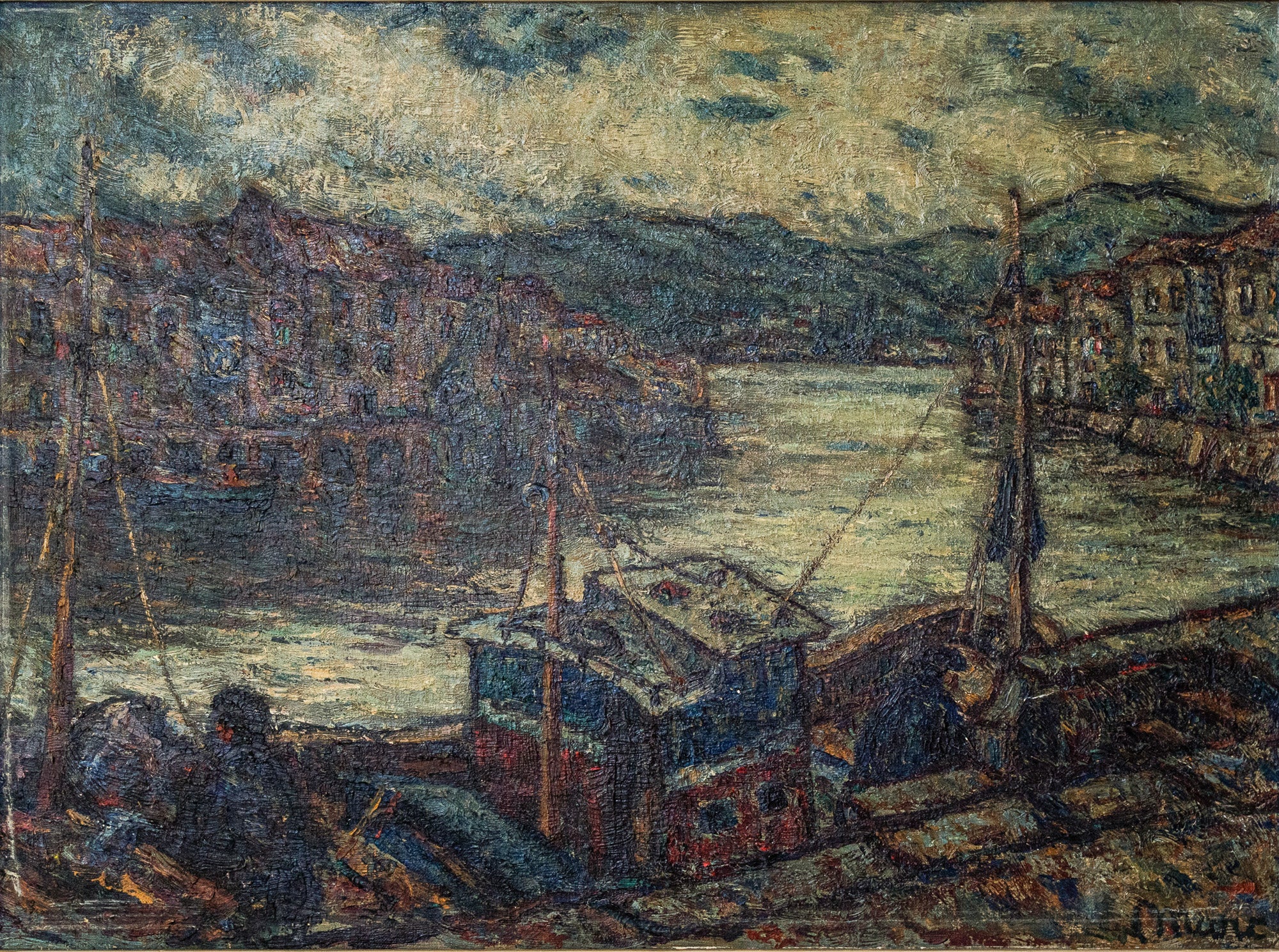 Artwork by Unknown, Barges in a Port, Made of Oil on canvas 