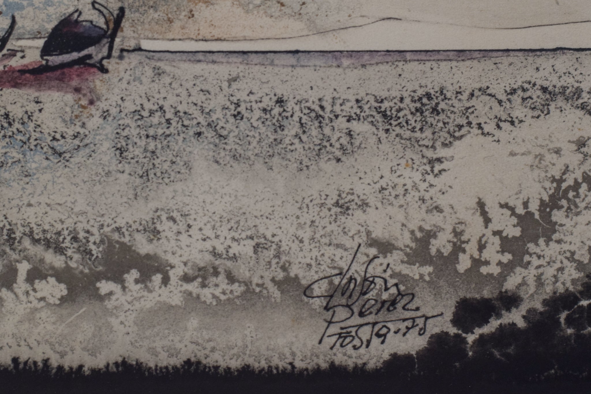 A black and white drawing of a cloudy sky over a field.