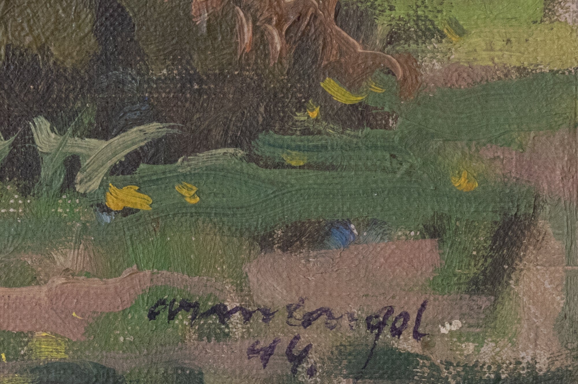 A painting of a landscape with trees in the foreground.