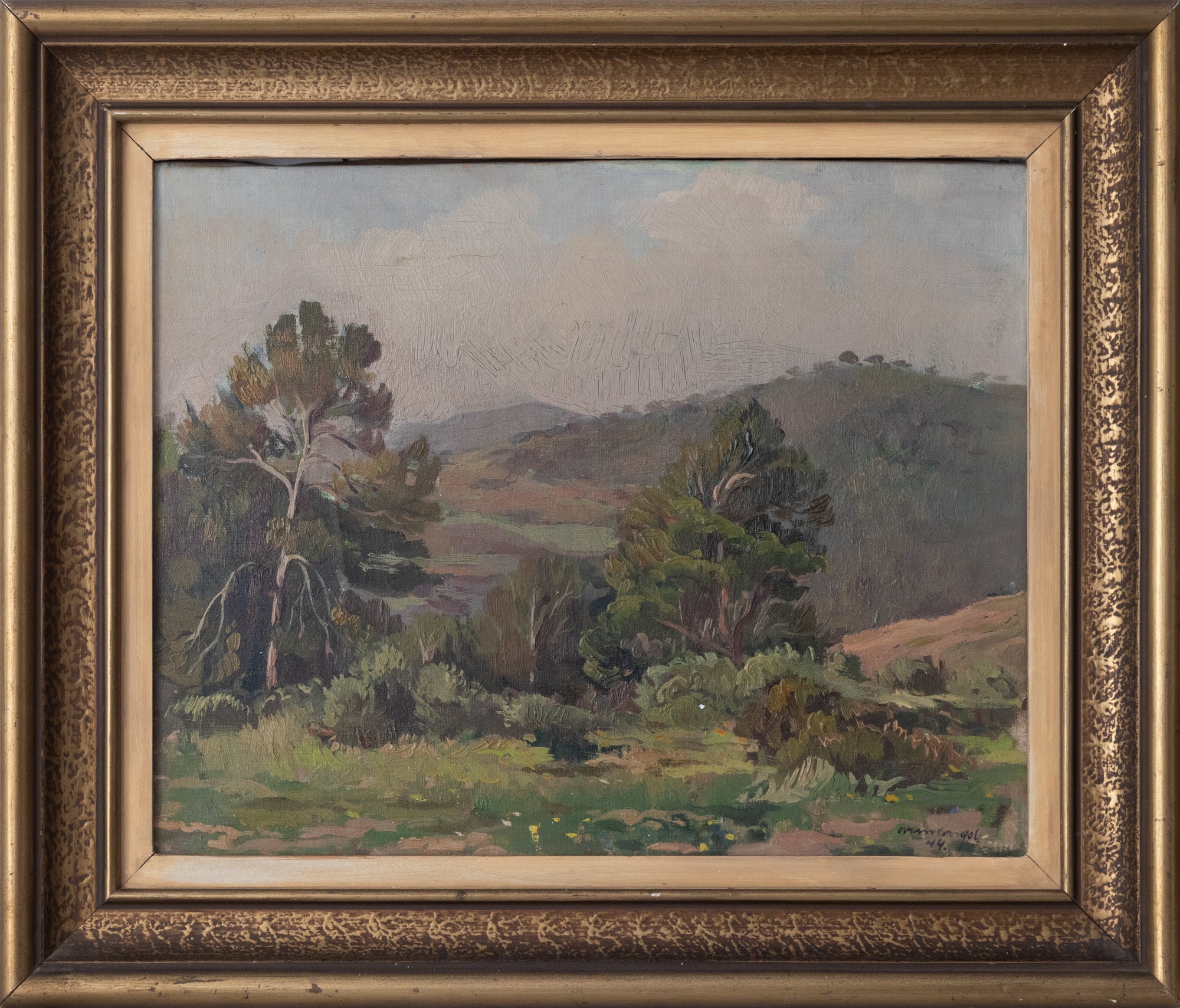 A painting of a landscape with trees in the foreground.