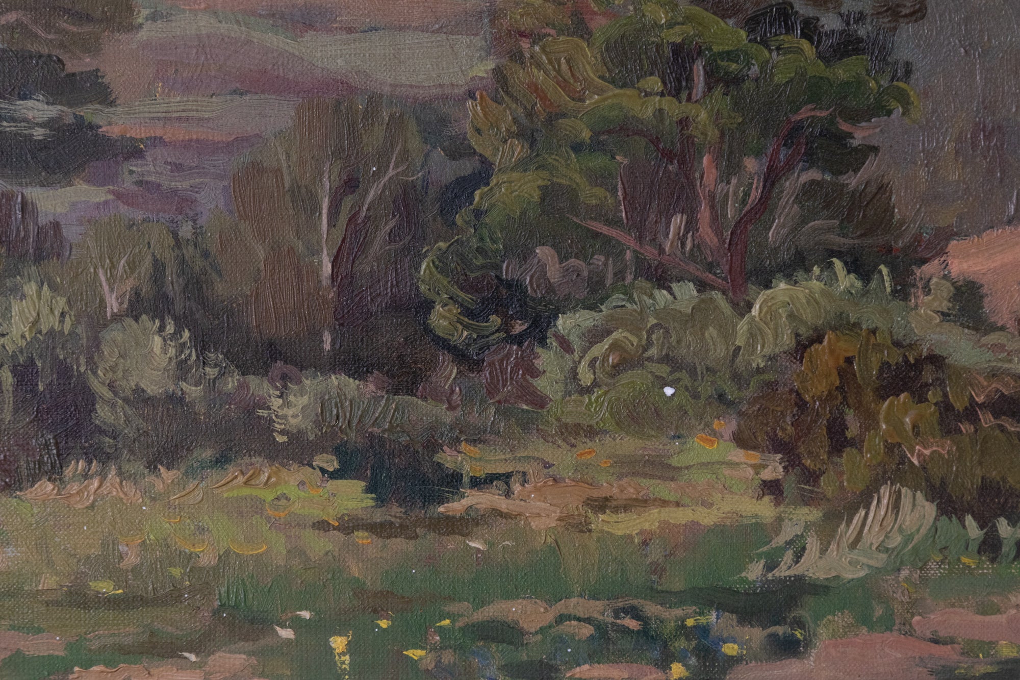 A painting of a landscape with trees in the foreground.