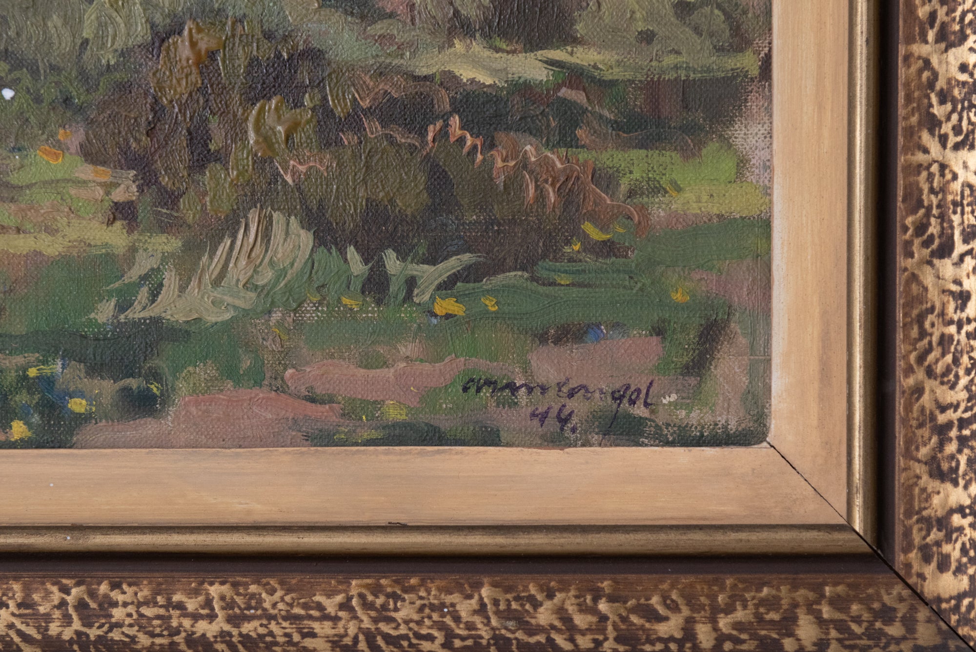 A painting of a landscape with trees in the foreground.