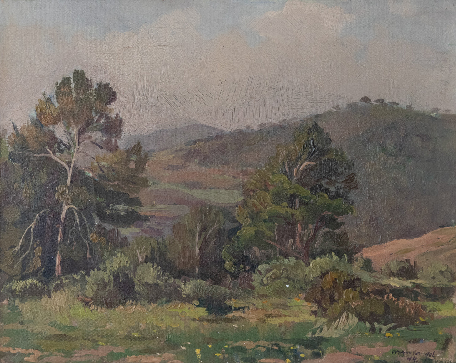 A painting of a landscape with trees in the foreground.