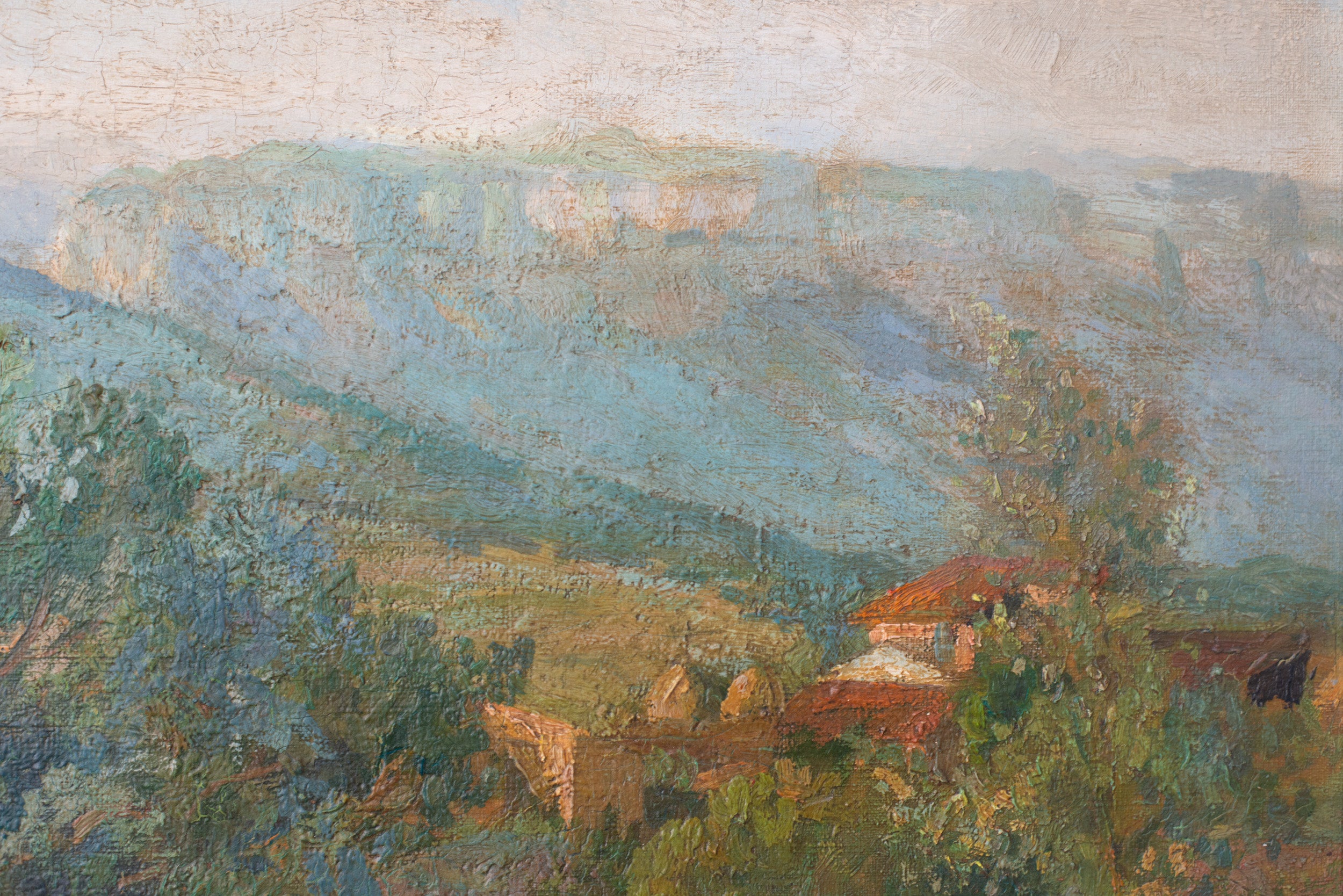 A painting of a landscape with trees and mountains in the background.