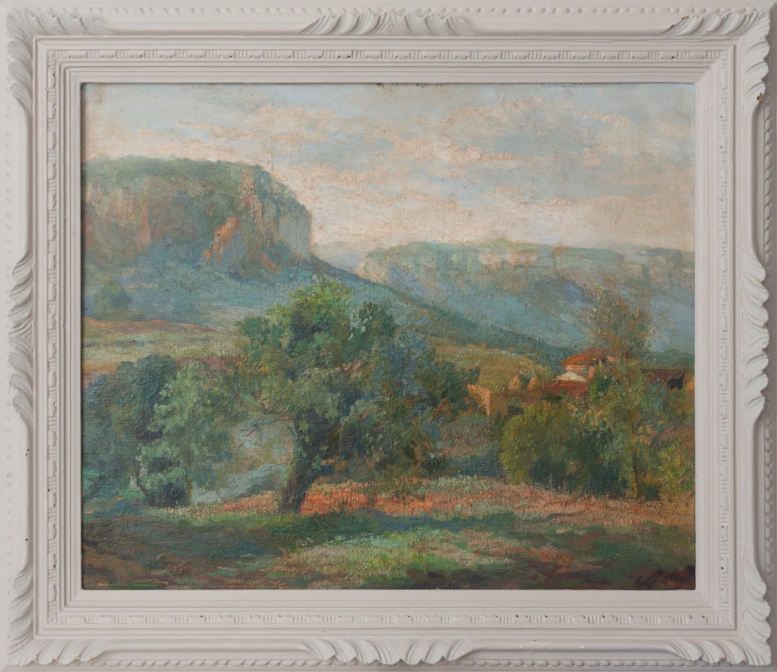 A painting of a landscape with trees and mountains in the background.