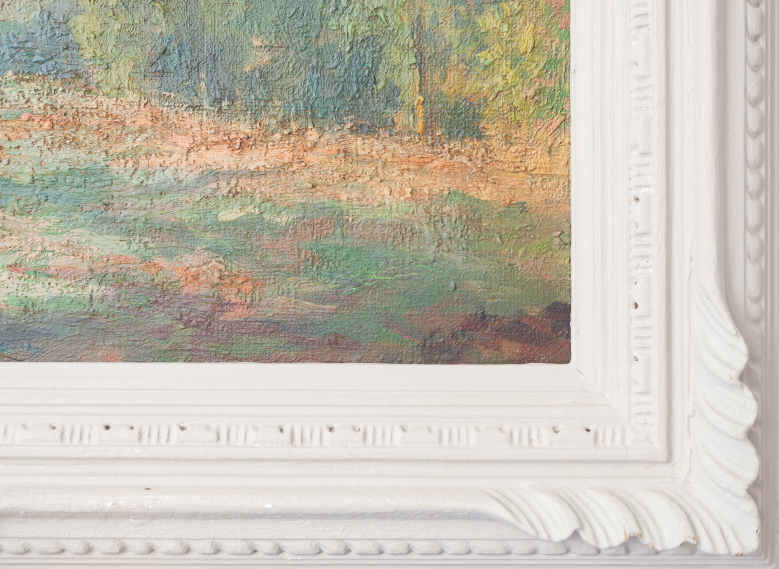 A painting of a landscape with trees and mountains in the background.