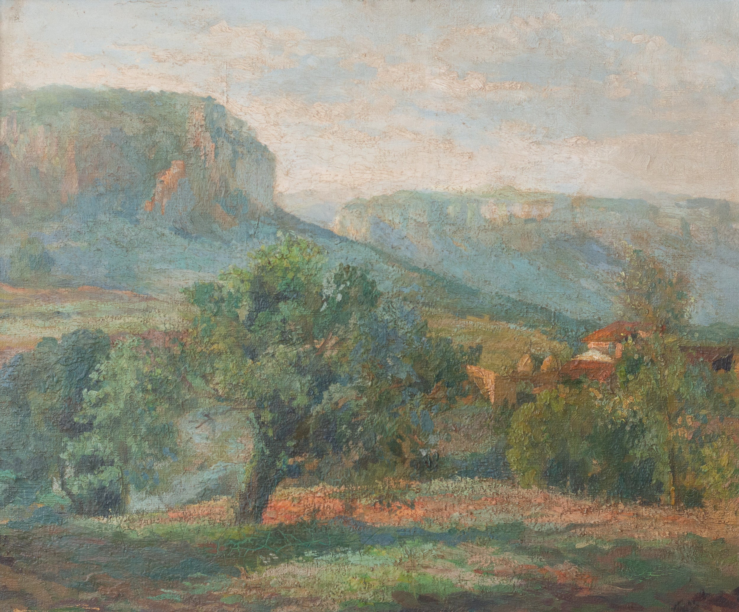 A painting of a landscape with trees and mountains in the background.
