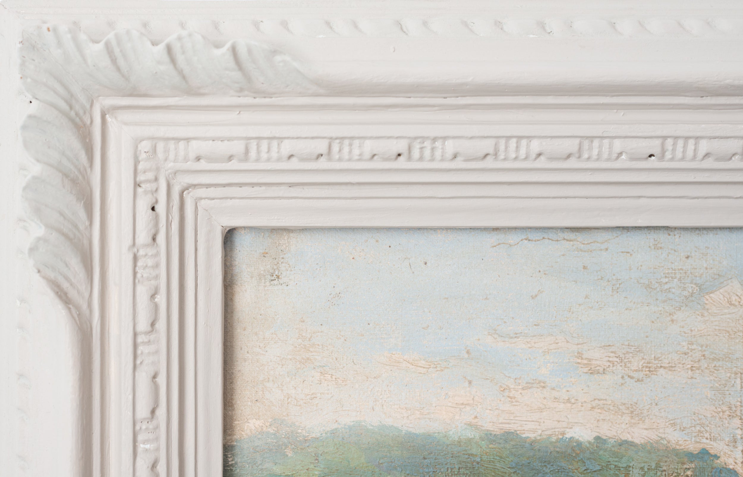 A painting of a landscape with trees and mountains in the background.