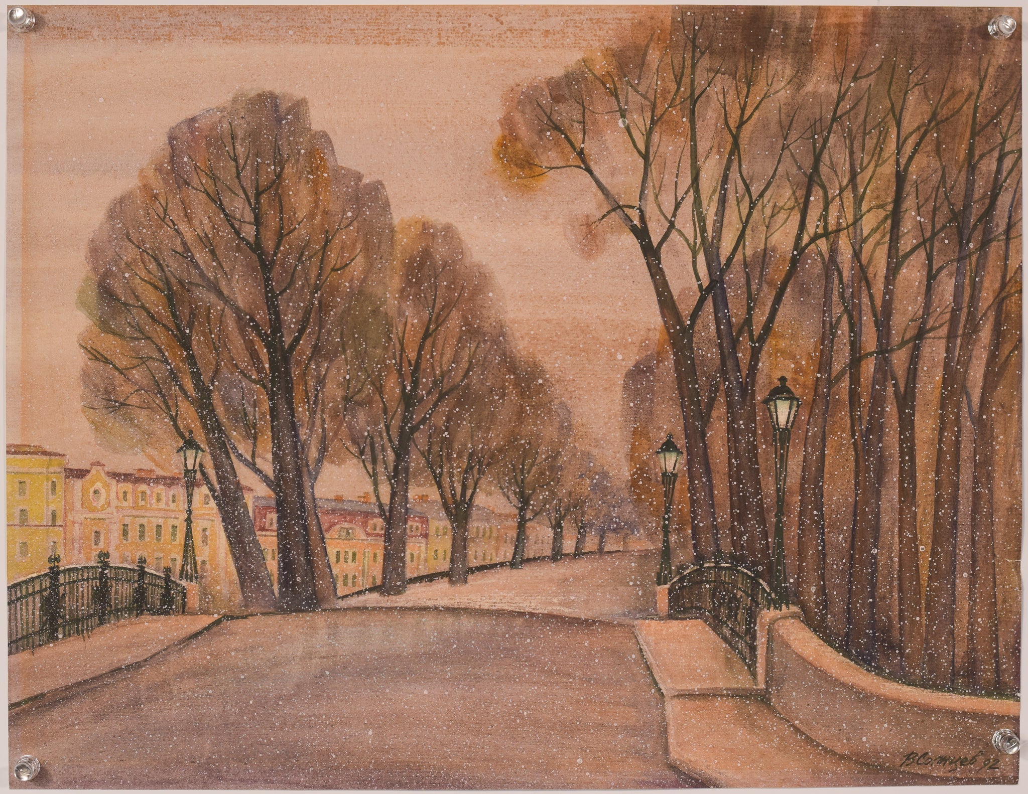 A painting of a snowy street with trees and a bridge.