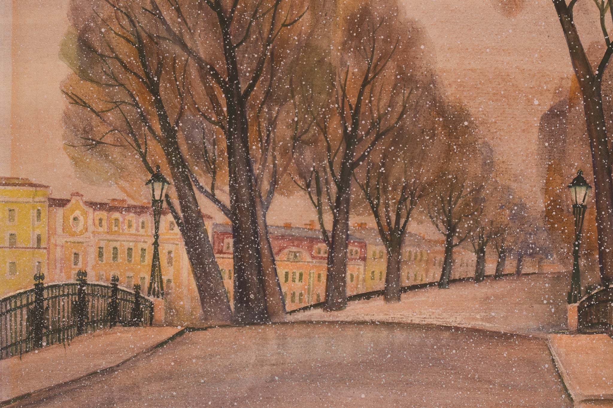 A painting of a snowy street with trees and a bridge.