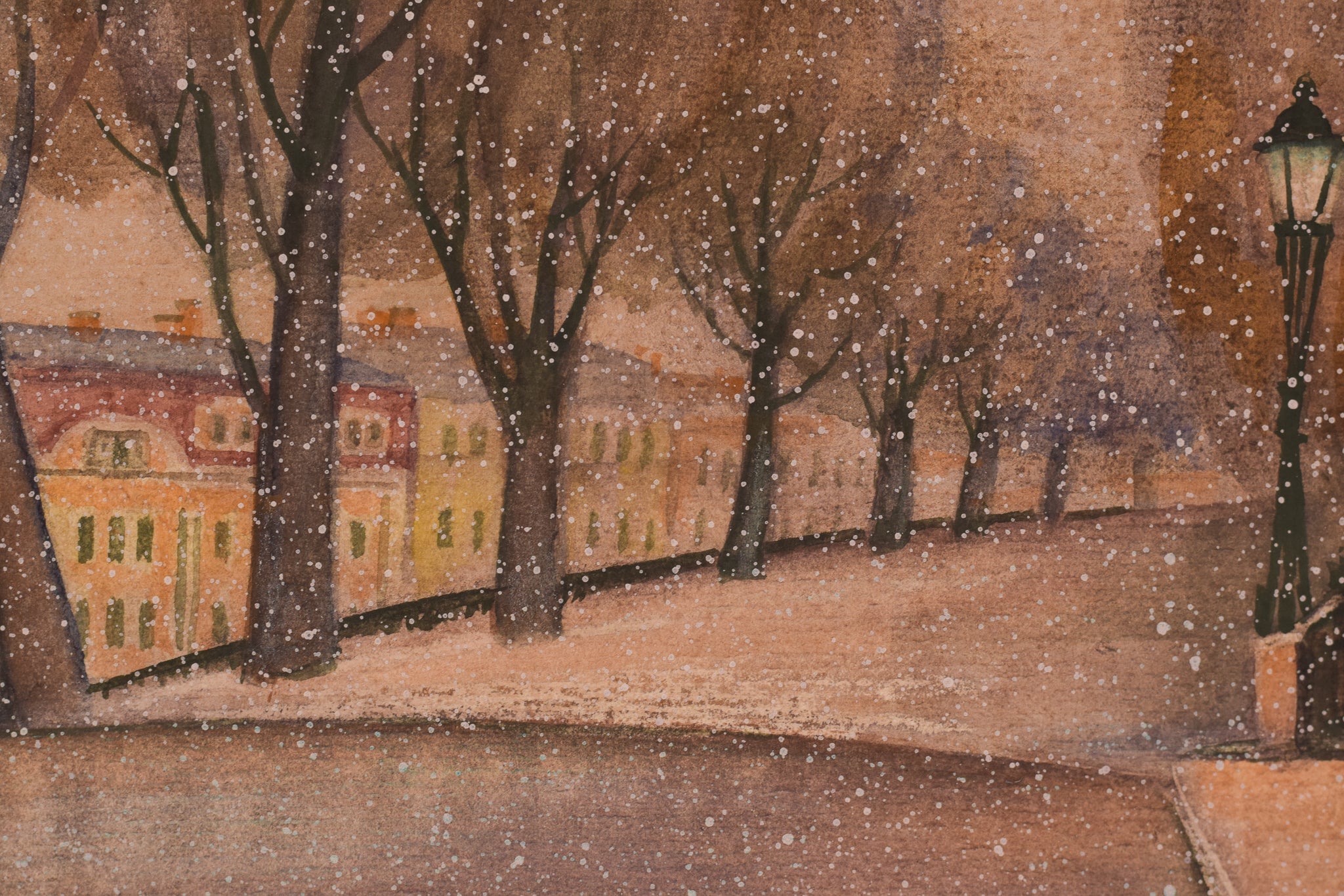 A painting of a snowy street with trees and a bridge.