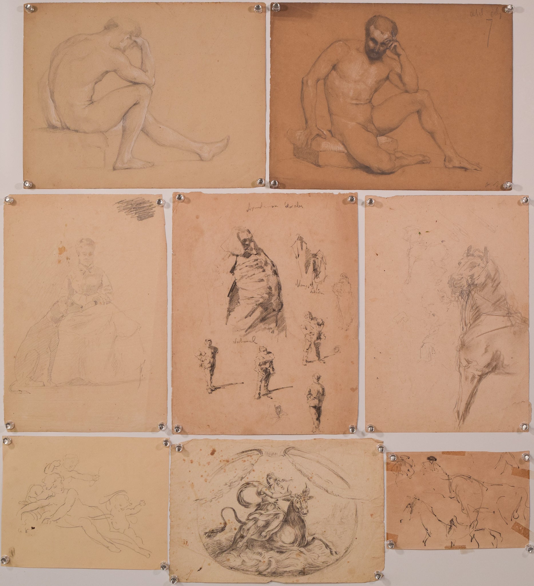 A group of six drawings of a man sitting on a horse.